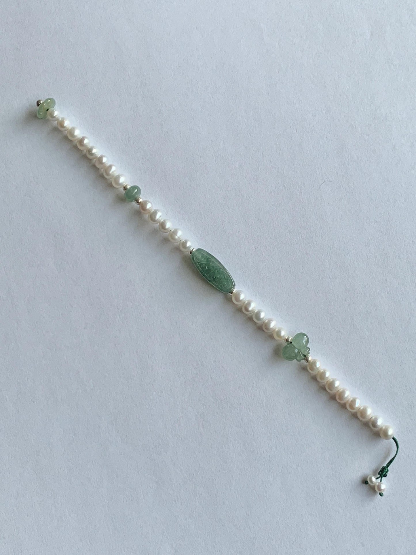 Natural Freshwater All-Nacre Pearls Grade A Icy Translucent Light Green Jade Jadeite Beaded Bracelet Sterling Silver 7" 天然淡水无核珍珠冰晴翡翠手串 ZQ220