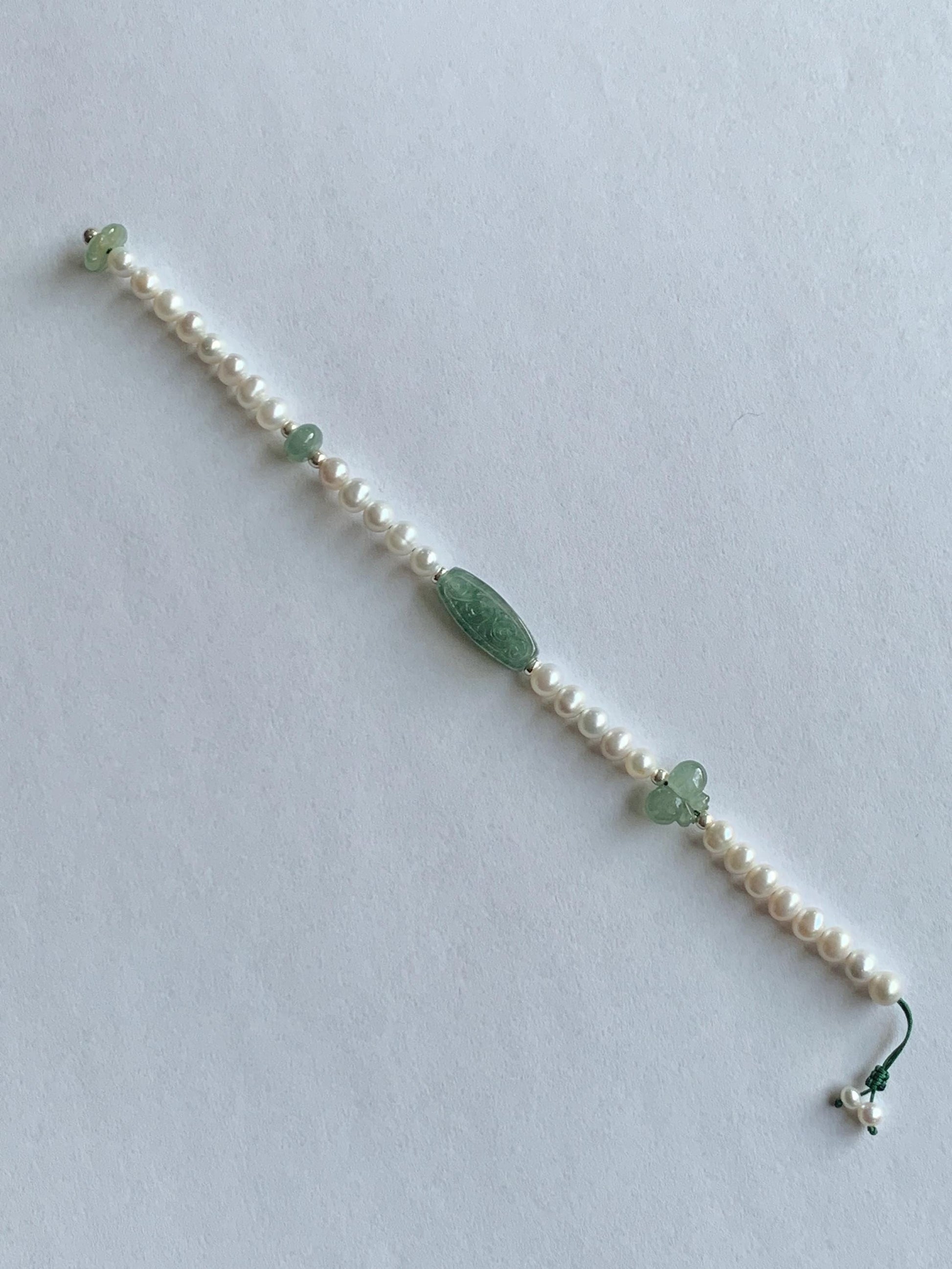 Natural Freshwater All-Nacre Pearls Grade A Icy Translucent Light Green Jade Jadeite Beaded Bracelet Sterling Silver 7" 天然淡水无核珍珠冰晴翡翠手串 ZQ220