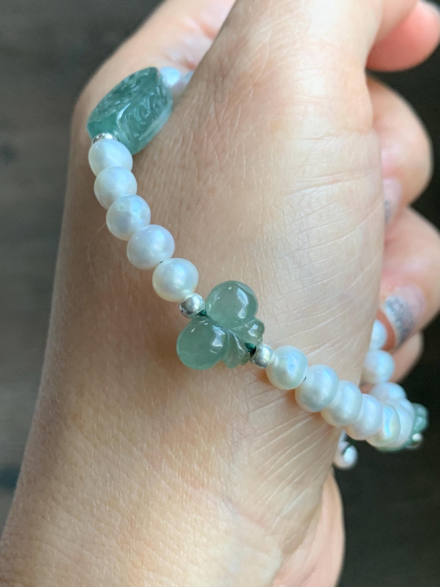 Natural Freshwater All-Nacre Pearls Grade A Icy Translucent Light Green Jade Jadeite Beaded Bracelet Sterling Silver 7" 天然淡水无核珍珠冰晴翡翠手串 ZQ220