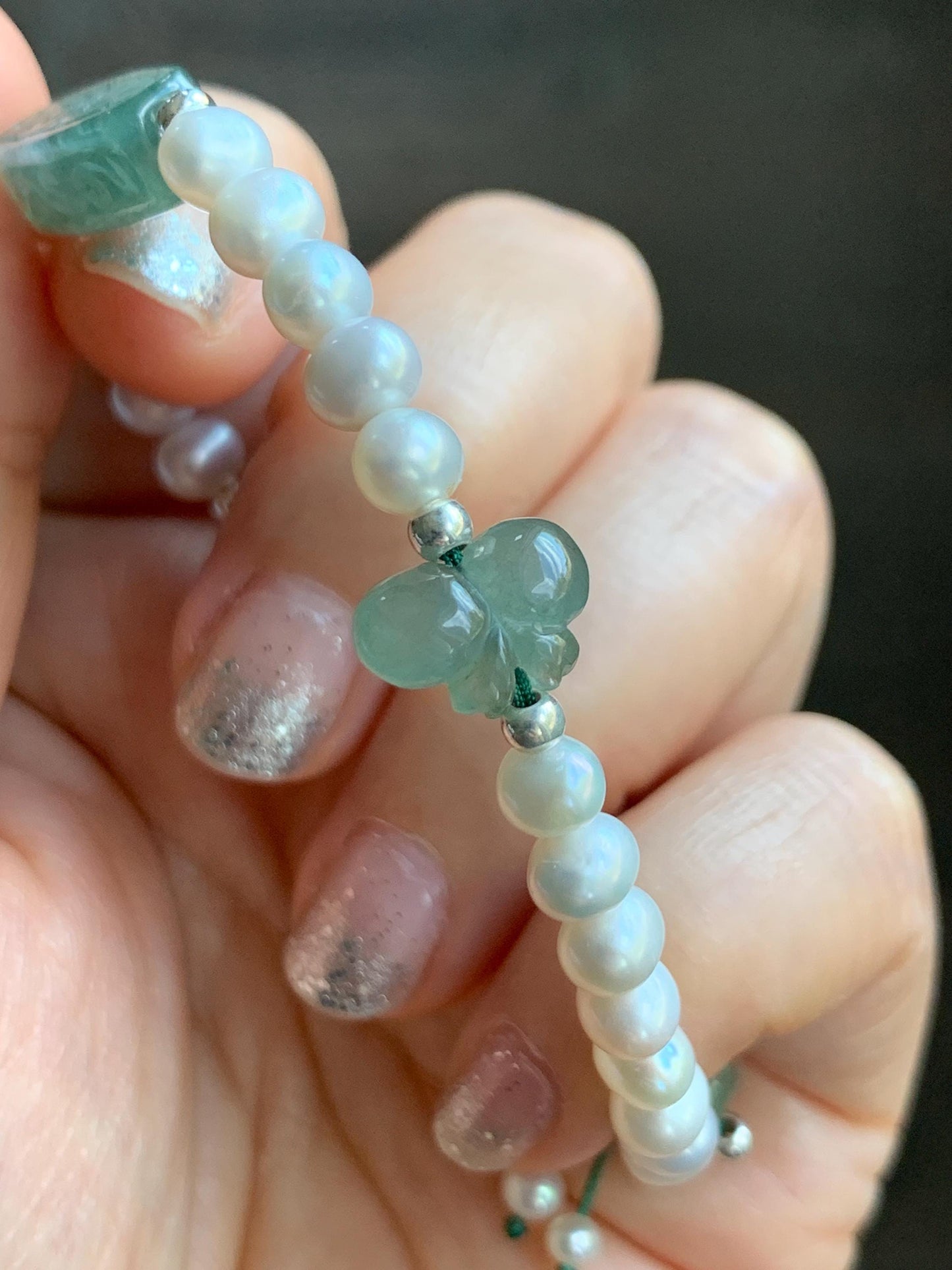Natural Freshwater All-Nacre Pearls Grade A Icy Translucent Light Green Jade Jadeite Beaded Bracelet Sterling Silver 7" 天然淡水无核珍珠冰晴翡翠手串 ZQ220