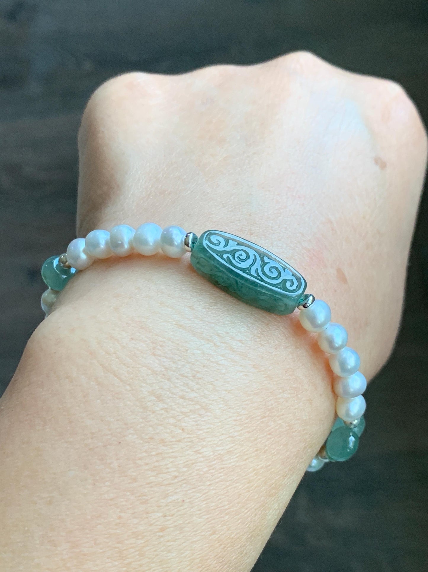 Natural Freshwater All-Nacre Pearls Grade A Icy Translucent Light Green Jade Jadeite Beaded Bracelet Sterling Silver 7" 天然淡水无核珍珠冰晴翡翠手串 ZQ220