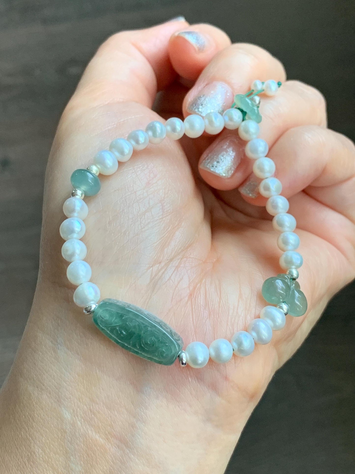 Natural Freshwater All-Nacre Pearls Grade A Icy Translucent Light Green Jade Jadeite Beaded Bracelet Sterling Silver 7" 天然淡水无核珍珠冰晴翡翠手串 ZQ220