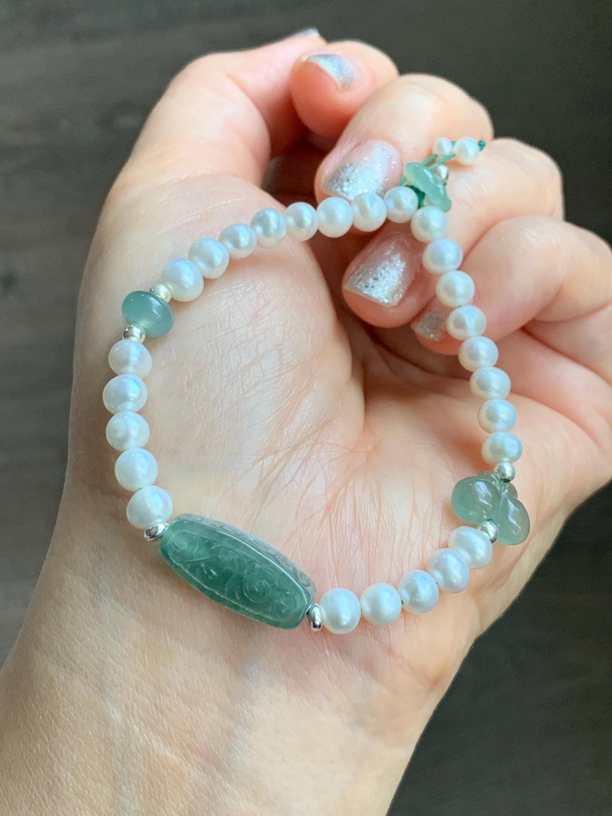 Natural Freshwater All-Nacre Pearls Grade A Icy Translucent Light Green Jade Jadeite Beaded Bracelet Sterling Silver 7" 天然淡水无核珍珠冰晴翡翠手串 ZQ220
