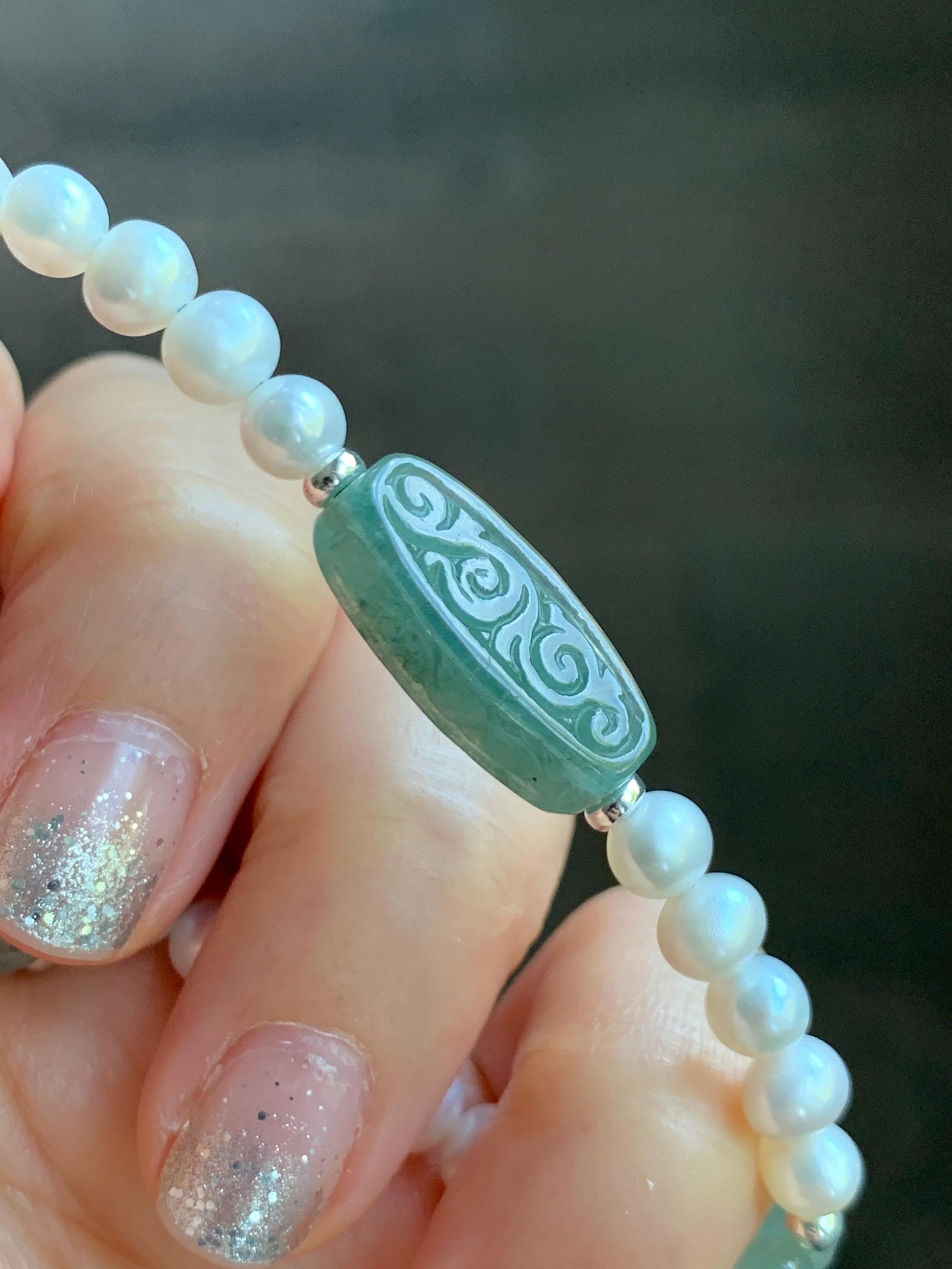 Natural Freshwater All-Nacre Pearls Grade A Icy Translucent Light Green Jade Jadeite Beaded Bracelet Sterling Silver 7" 天然淡水无核珍珠冰晴翡翠手串 ZQ220