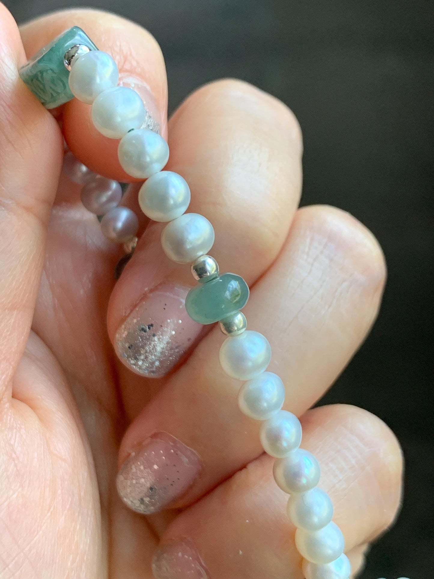 Natural Freshwater All-Nacre Pearls Grade A Icy Translucent Light Green Jade Jadeite Beaded Bracelet Sterling Silver 7" 天然淡水无核珍珠冰晴翡翠手串 ZQ220