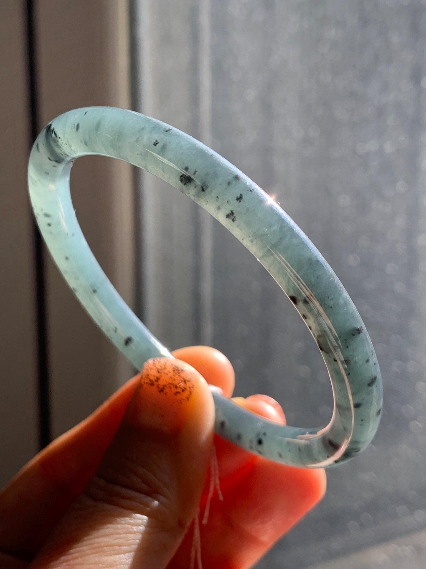 Certified Natural Grade A Guatemalan Icy Translucent Grayish Blue Wuji Marbled Jade Jadeite Bangle Bracelet 59.7mm 7.38” 天然冰危蓝灰乌鸡细圆条翡翠手镯 459