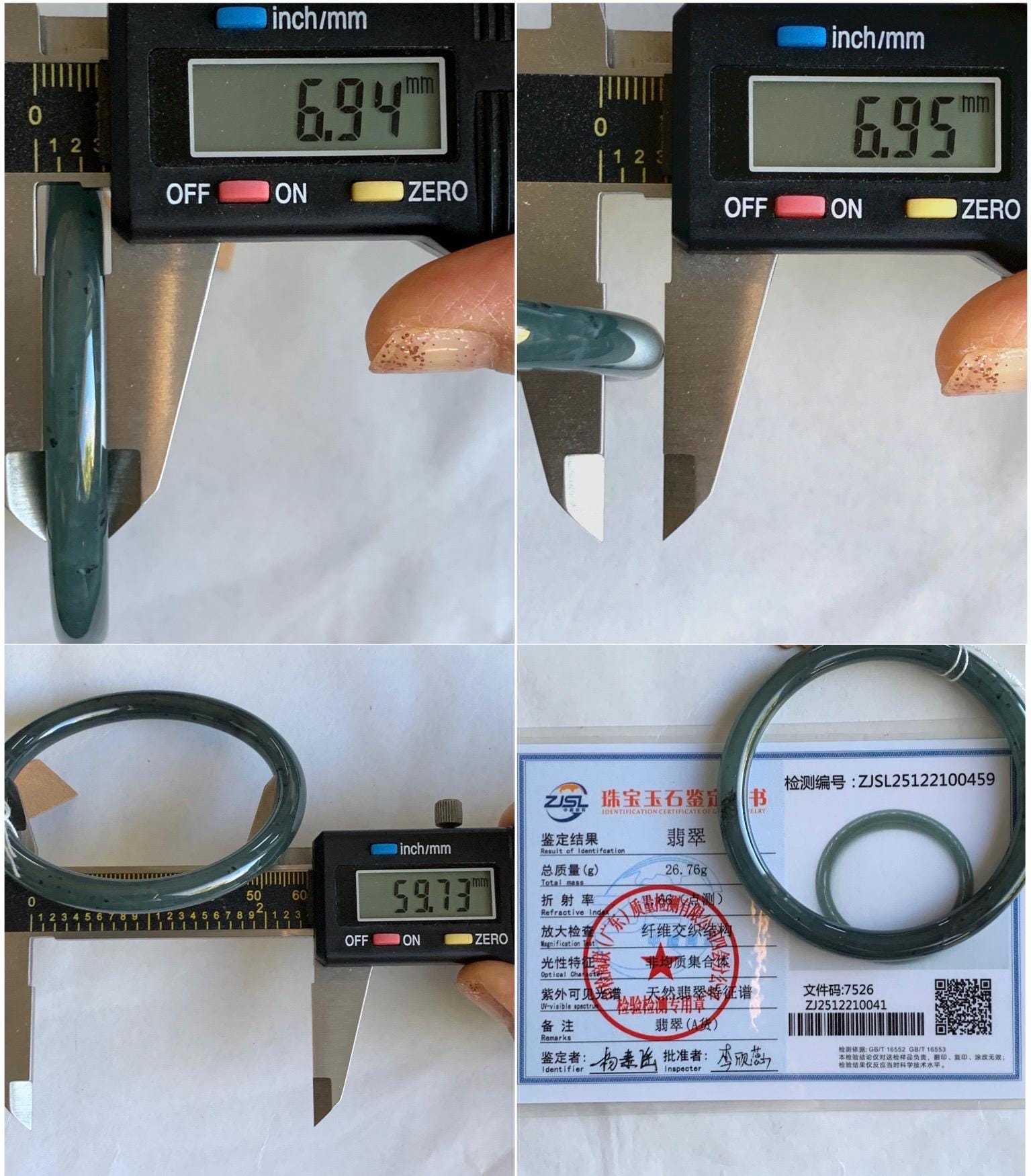 Certified Natural Grade A Guatemalan Icy Translucent Grayish Blue Wuji Marbled Jade Jadeite Bangle Bracelet 59.7mm 7.38” 天然冰危蓝灰乌鸡细圆条翡翠手镯 459