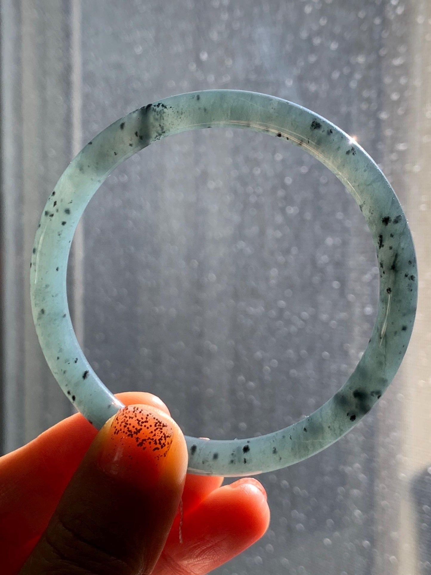 Certified Natural Grade A Guatemalan Icy Translucent Grayish Blue Wuji Marbled Jade Jadeite Bangle Bracelet 59.7mm 7.38” 天然冰危蓝灰乌鸡细圆条翡翠手镯 459