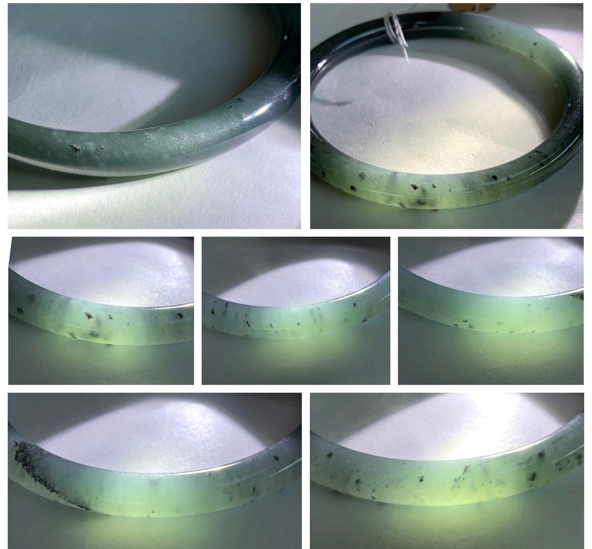 Certified Natural Grade A Guatemalan Icy Translucent Grayish Blue Wuji Marbled Jade Jadeite Bangle Bracelet 59.7mm 7.38” 天然冰危蓝灰乌鸡细圆条翡翠手镯 459