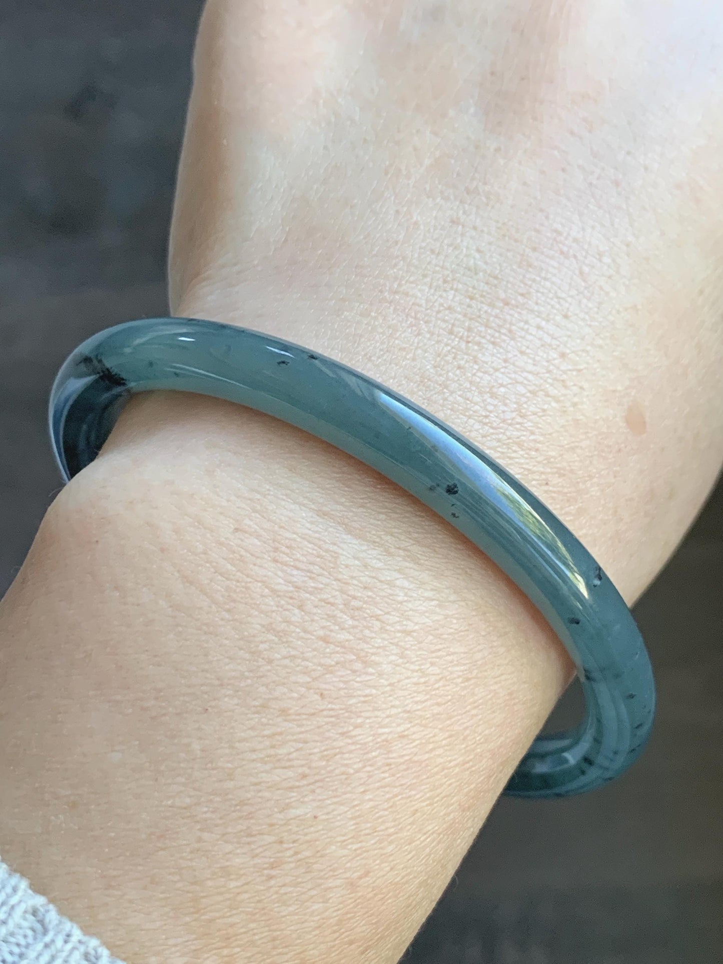 Certified Natural Grade A Guatemalan Icy Translucent Grayish Blue Wuji Marbled Jade Jadeite Bangle Bracelet 59.7mm 7.38” 天然冰危蓝灰乌鸡细圆条翡翠手镯 459