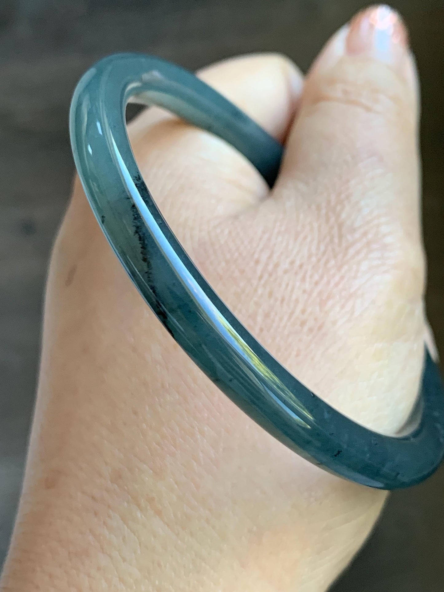 Certified Natural Grade A Guatemalan Icy Translucent Grayish Blue Wuji Marbled Jade Jadeite Bangle Bracelet 59.7mm 7.38” 天然冰危蓝灰乌鸡细圆条翡翠手镯 459
