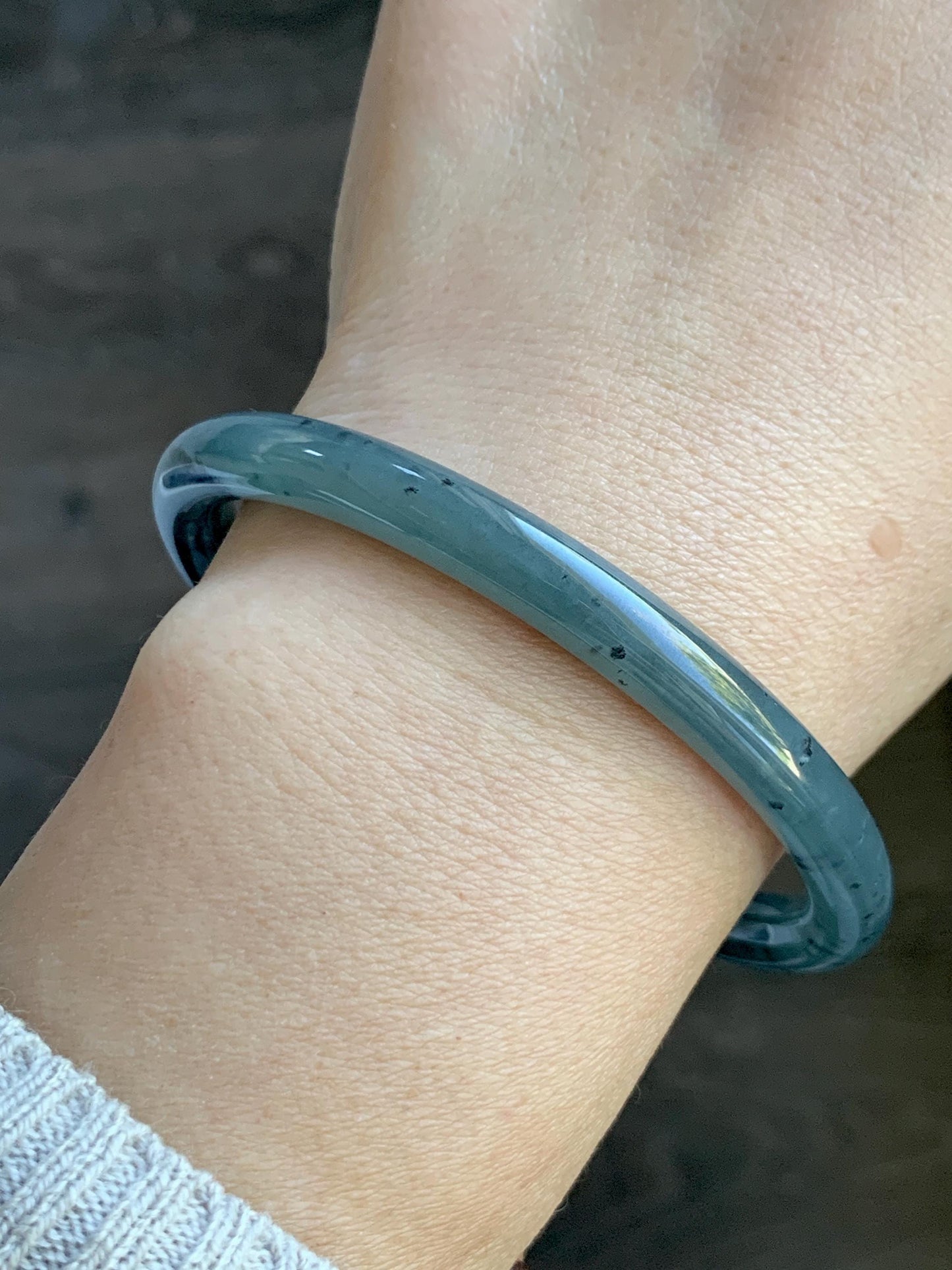 Certified Natural Grade A Guatemalan Icy Translucent Grayish Blue Wuji Marbled Jade Jadeite Bangle Bracelet 59.7mm 7.38” 天然冰危蓝灰乌鸡细圆条翡翠手镯 459