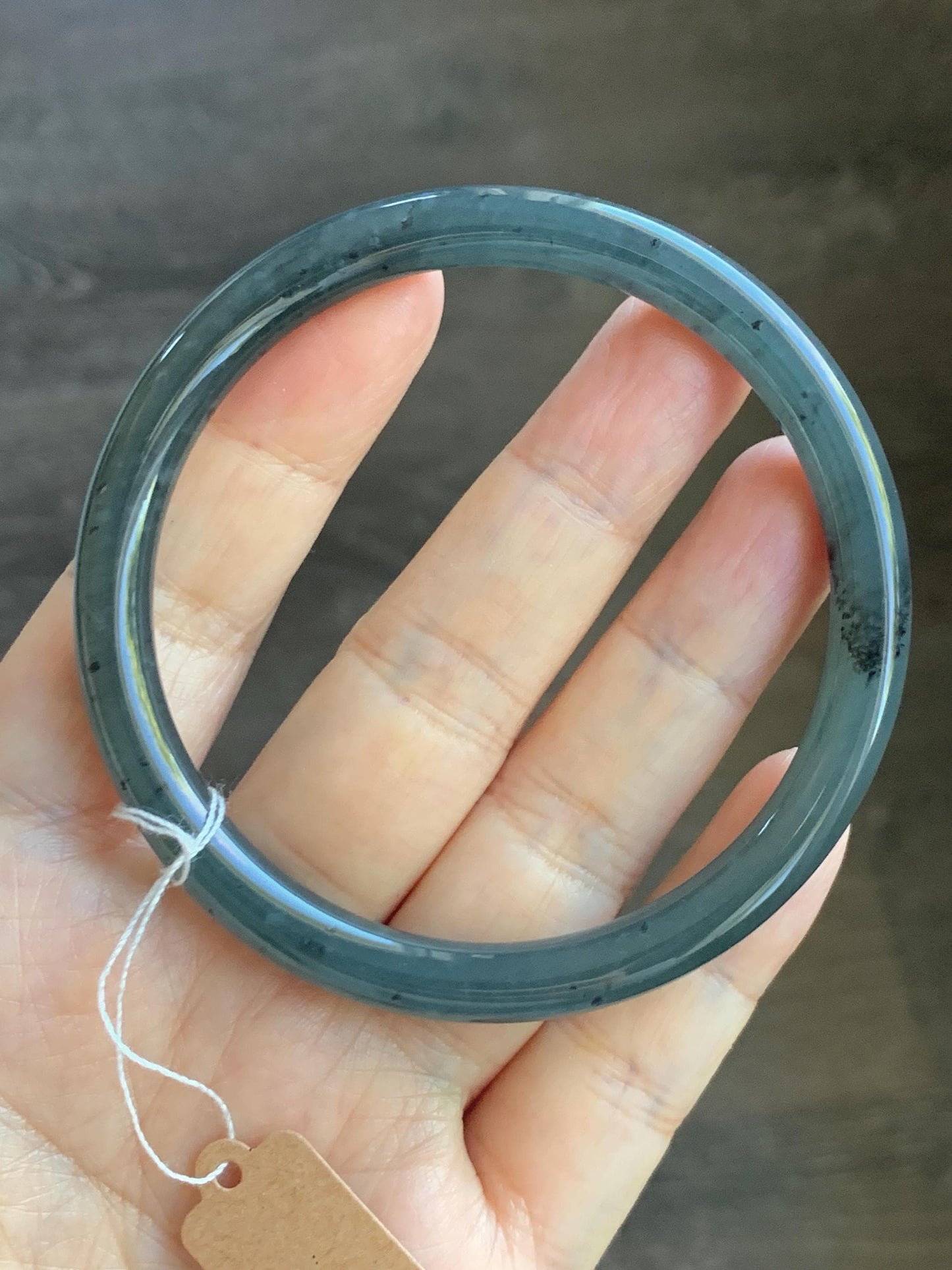 Certified Natural Grade A Guatemalan Icy Translucent Grayish Blue Wuji Marbled Jade Jadeite Bangle Bracelet 59.7mm 7.38” 天然冰危蓝灰乌鸡细圆条翡翠手镯 459