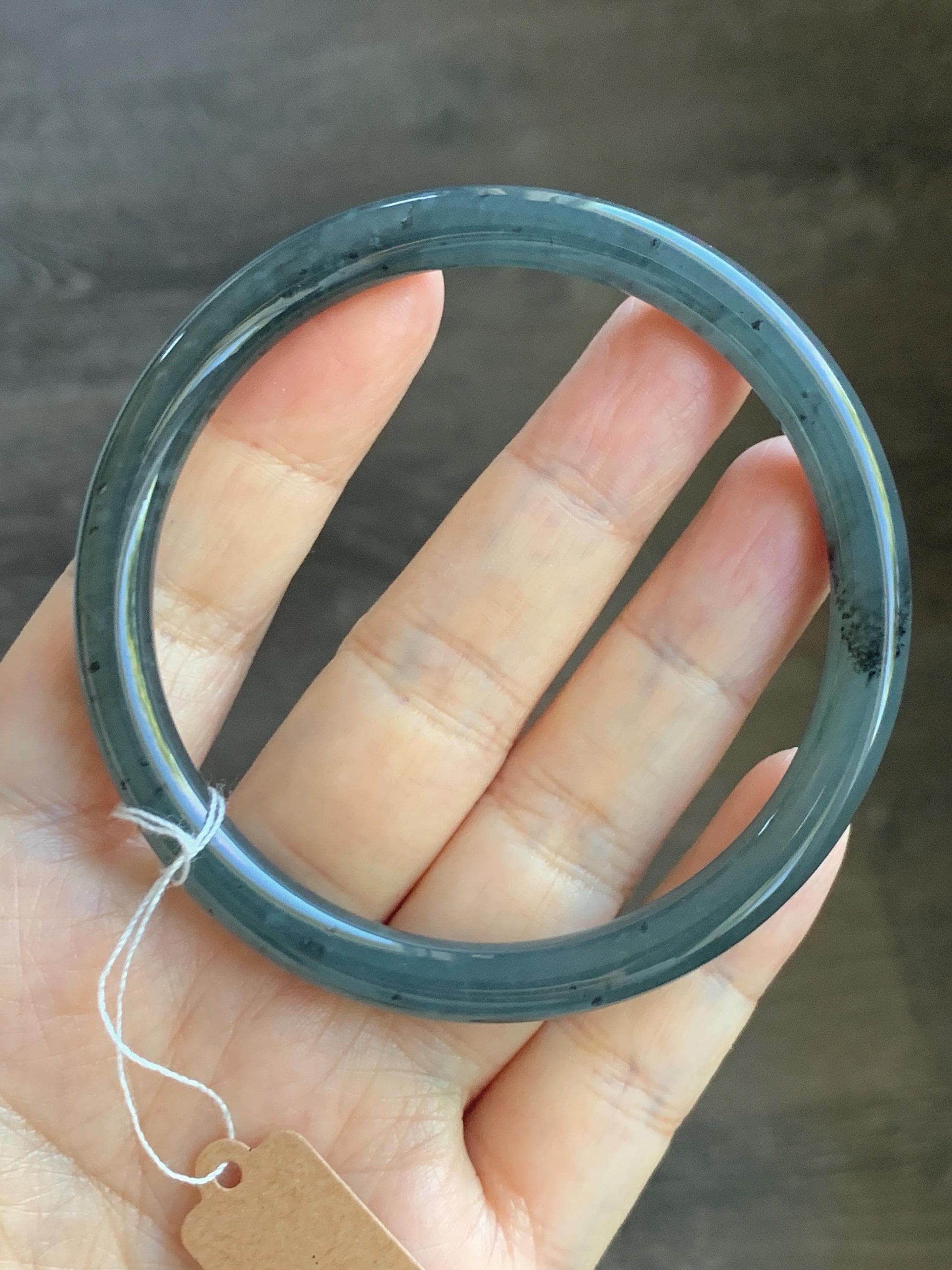 Certified Natural Grade A Guatemalan Icy Translucent Grayish Blue Wuji Marbled Jade Jadeite Bangle Bracelet 59.7mm 7.38” 天然冰危蓝灰乌鸡细圆条翡翠手镯 459