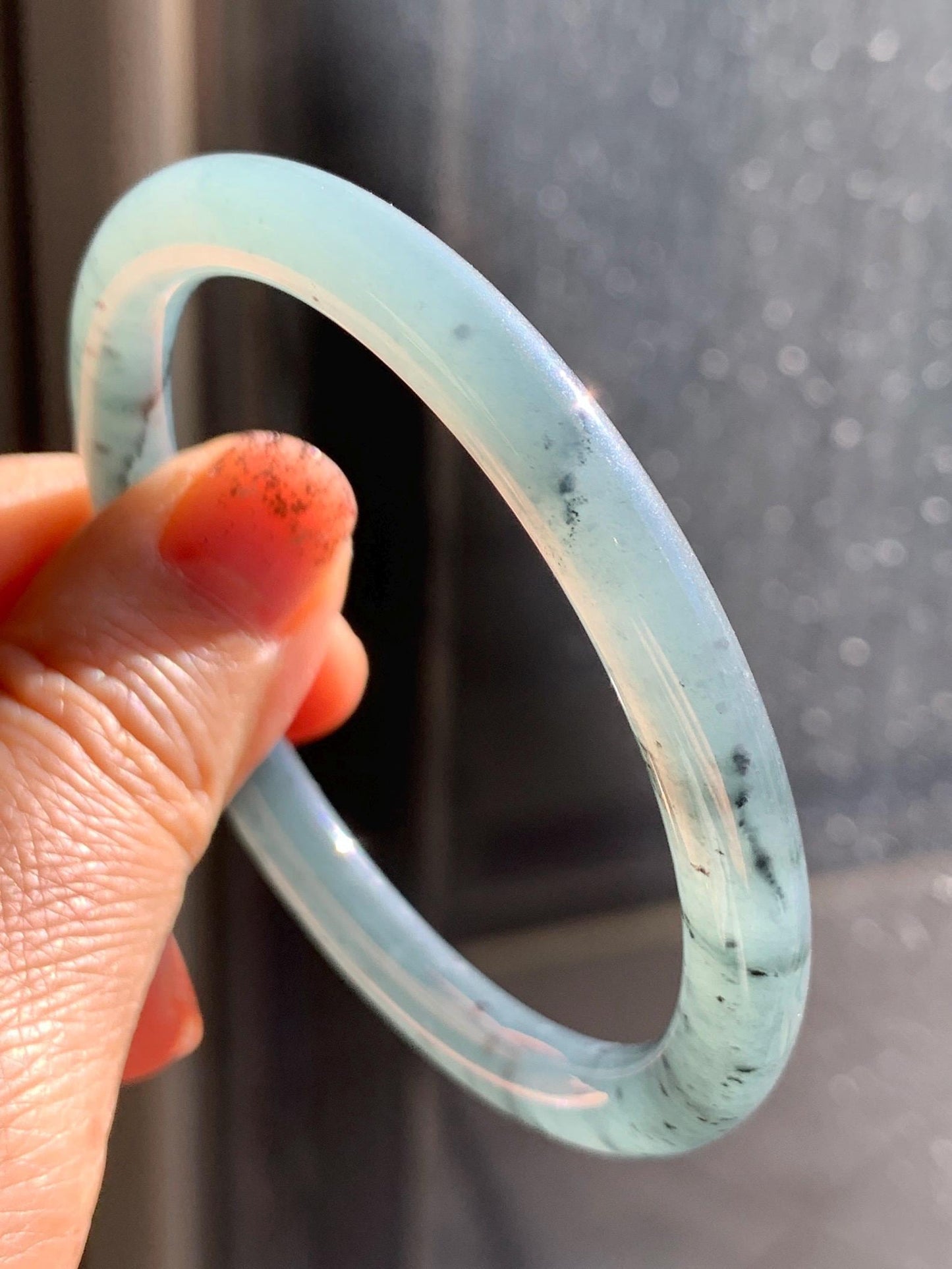 Certified Natural Grade A Guatemalan Icy Translucent Grayish Blue Wuji Marbled Jade Jadeite Bangle Bracelet 55.7mm 6.88” 天然冰危蓝灰乌鸡细圆条翡翠手镯 462