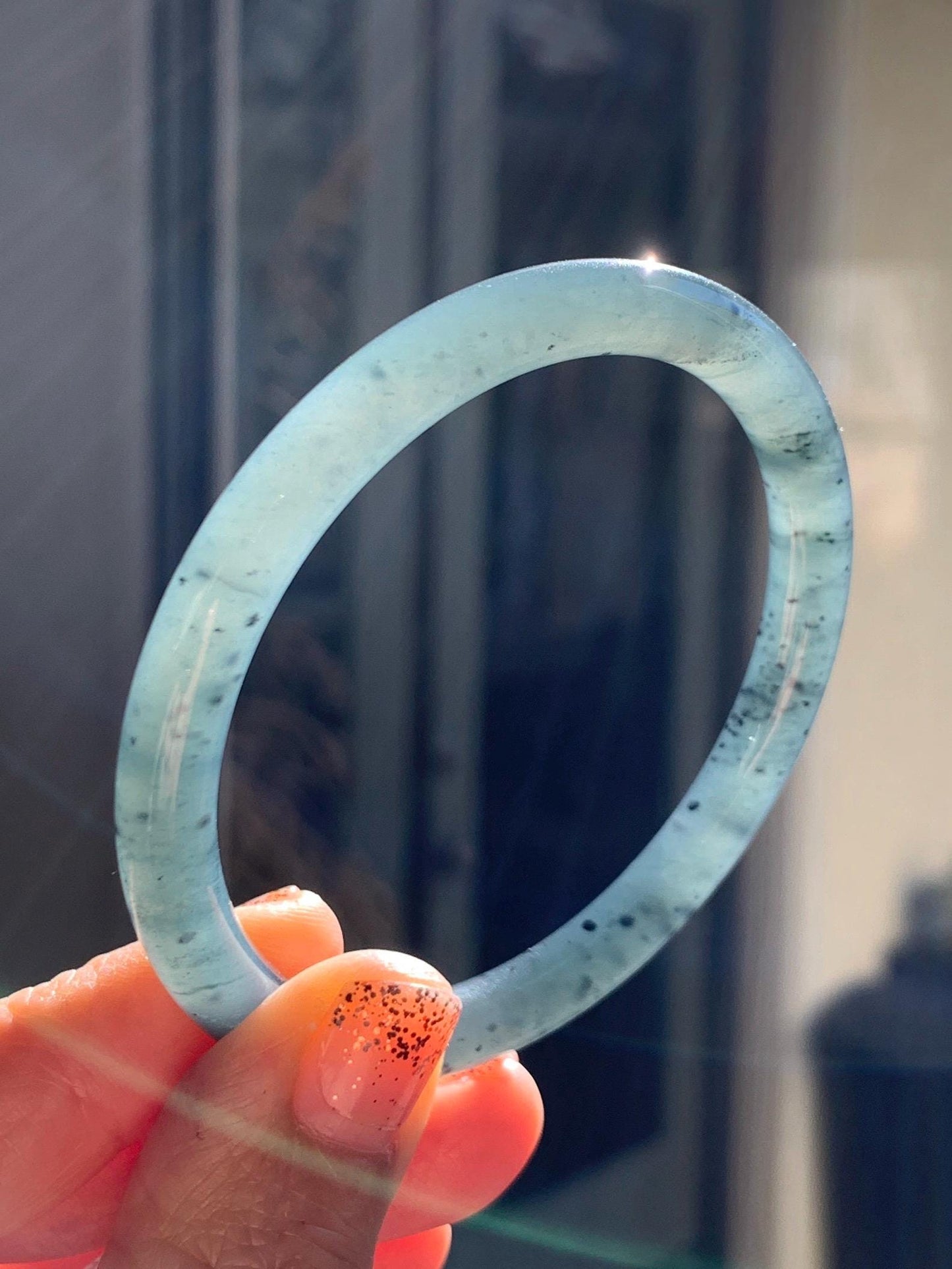 Certified Natural Grade A Guatemalan Icy Translucent Grayish Blue Wuji Marbled Jade Jadeite Bangle Bracelet 55.7mm 6.88” 天然冰危蓝灰乌鸡细圆条翡翠手镯 462