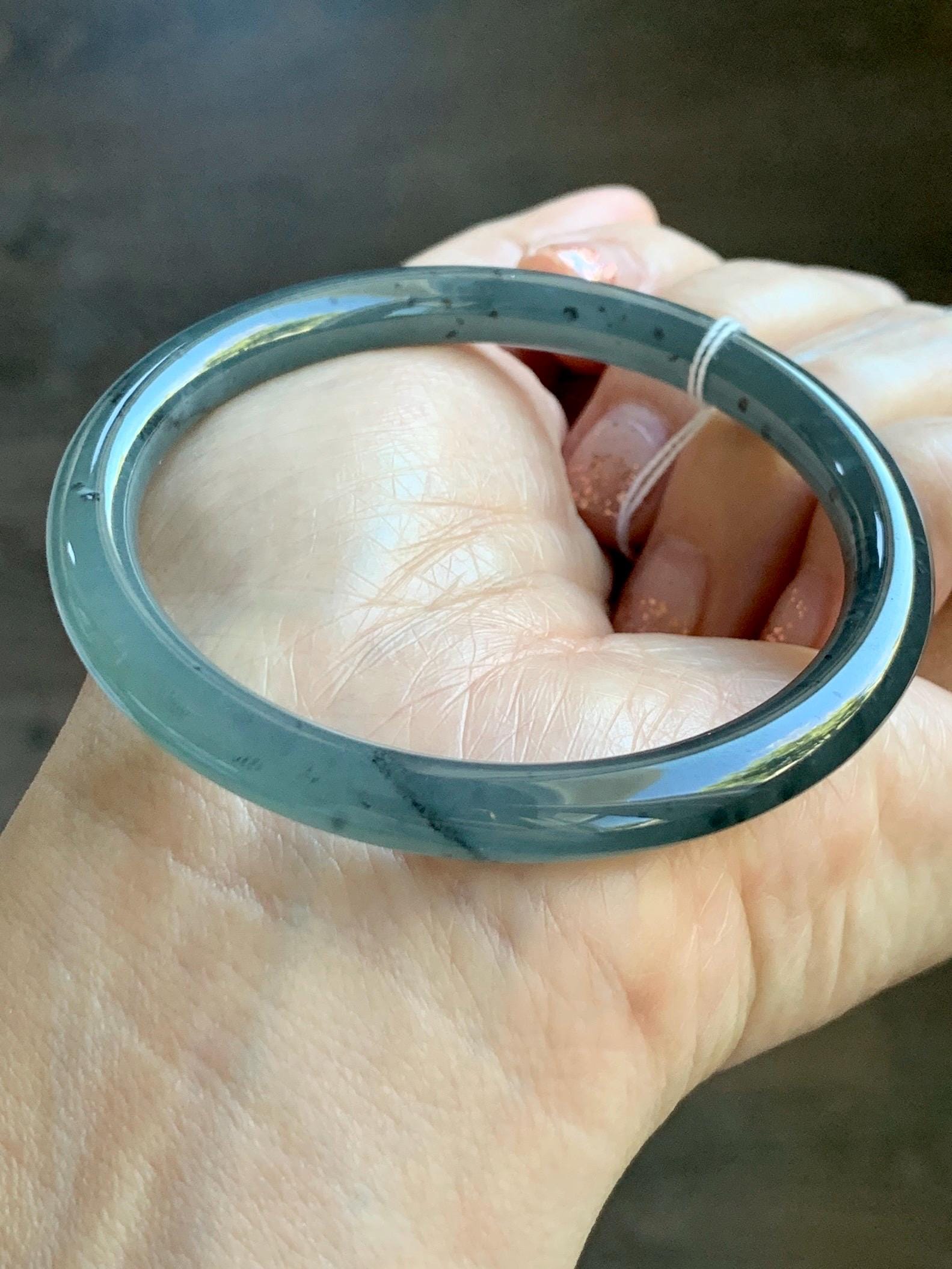 Certified Natural Grade A Guatemalan Icy Translucent Grayish Blue Wuji Marbled Jade Jadeite Bangle Bracelet 55.7mm 6.88” 天然冰危蓝灰乌鸡细圆条翡翠手镯 462