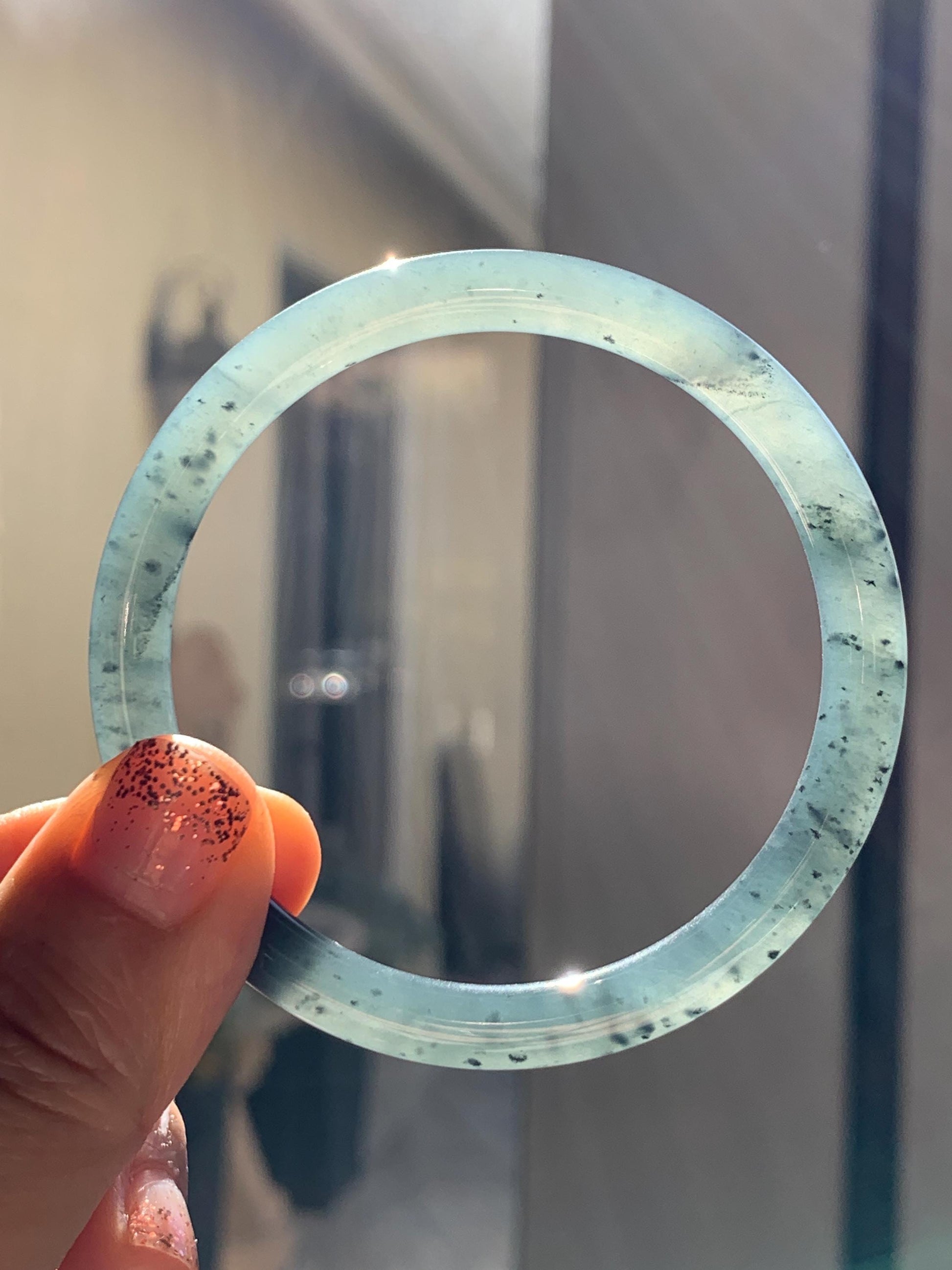 Certified Natural Grade A Guatemalan Icy Translucent Grayish Blue Wuji Marbled Jade Jadeite Bangle Bracelet 55.7mm 6.88” 天然冰危蓝灰乌鸡细圆条翡翠手镯 462