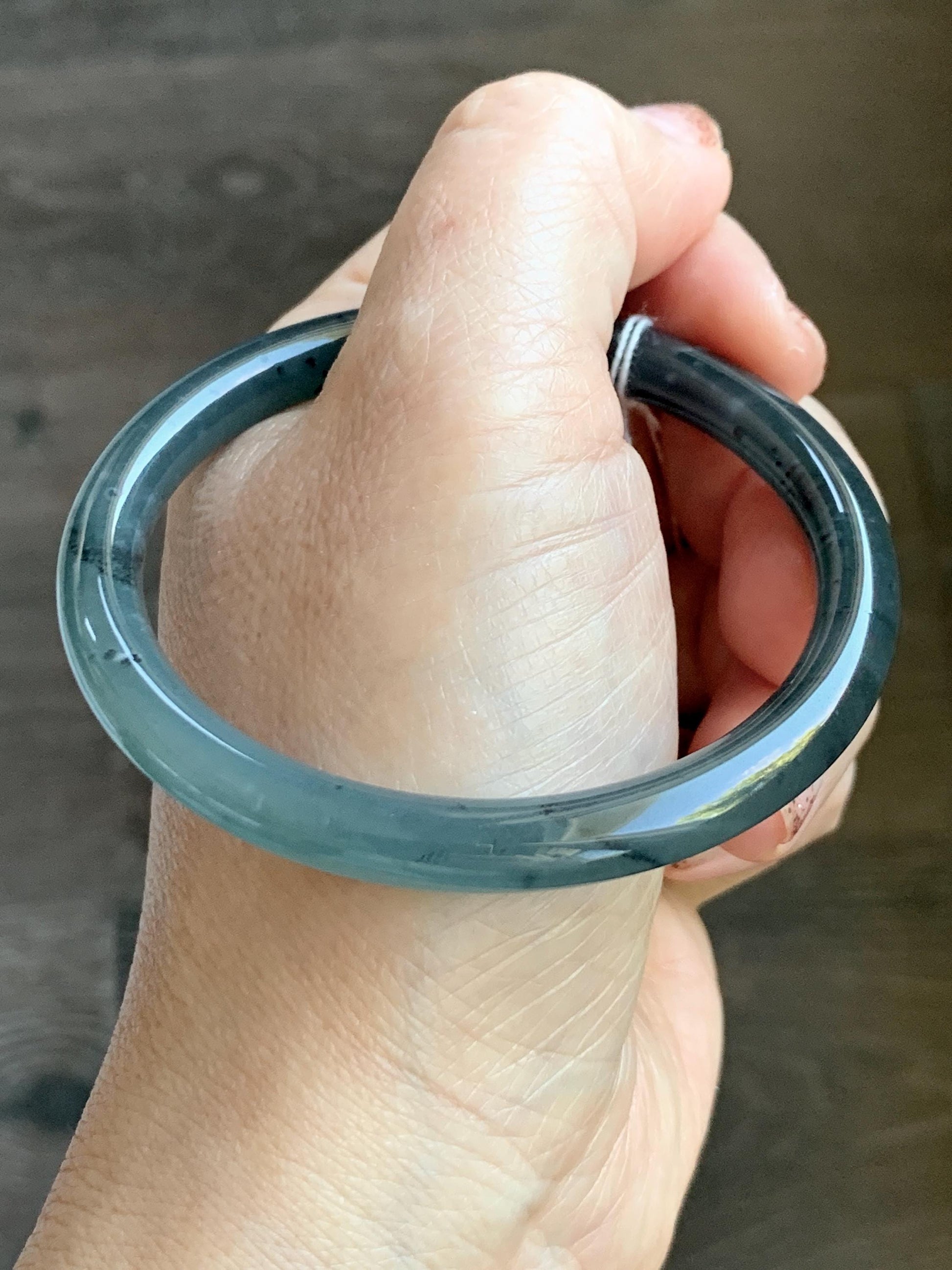 Certified Natural Grade A Guatemalan Icy Translucent Grayish Blue Wuji Marbled Jade Jadeite Bangle Bracelet 55.7mm 6.88” 天然冰危蓝灰乌鸡细圆条翡翠手镯 462