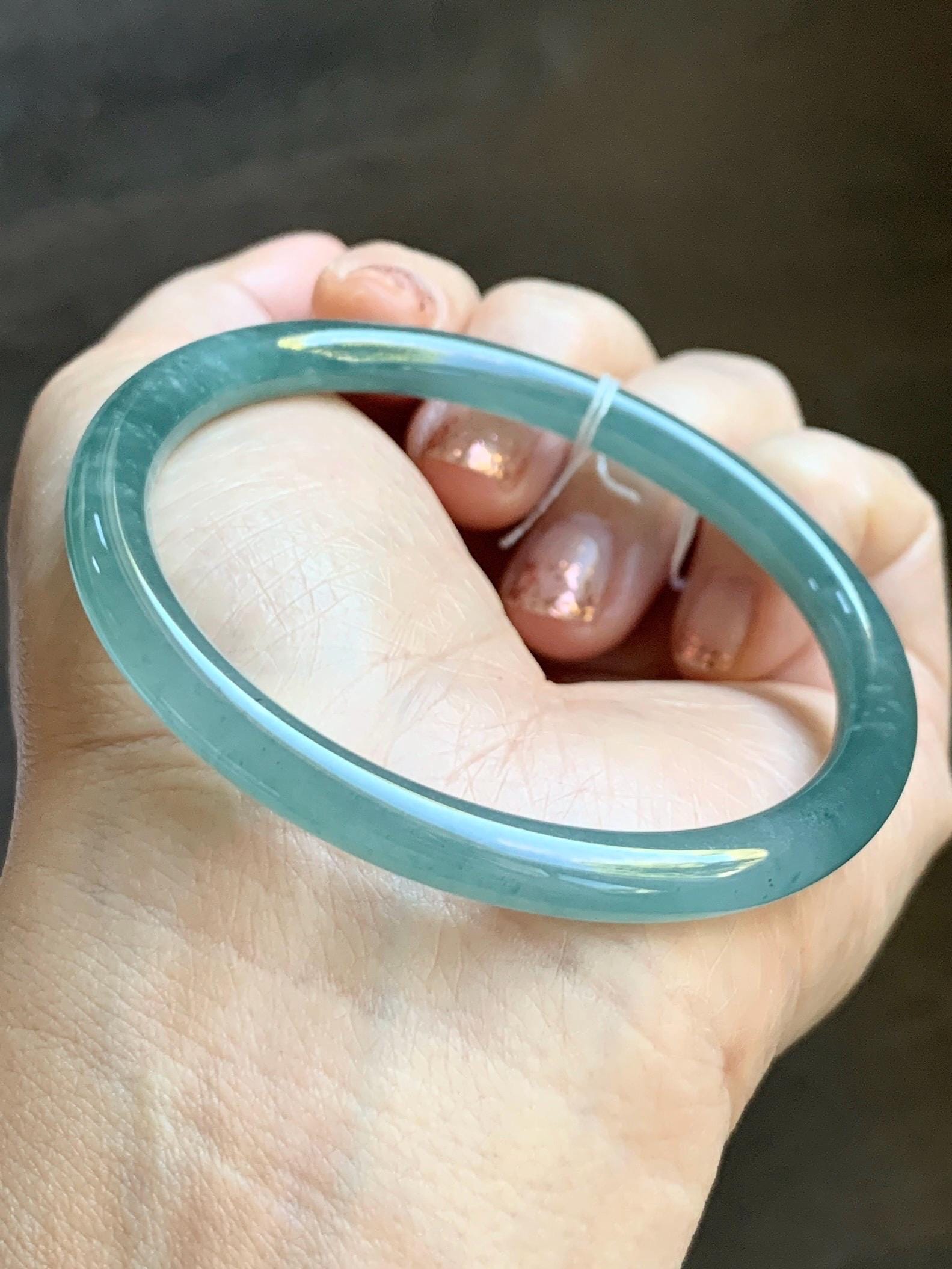 Certified Natural Grade A Guatemalan Icy Translucent Dusty Teal Green Jade Jadeite Slim Bangle Bracelet 56mm 6.92” 天然冰危晴蓝翡翠细圆条手镯 452