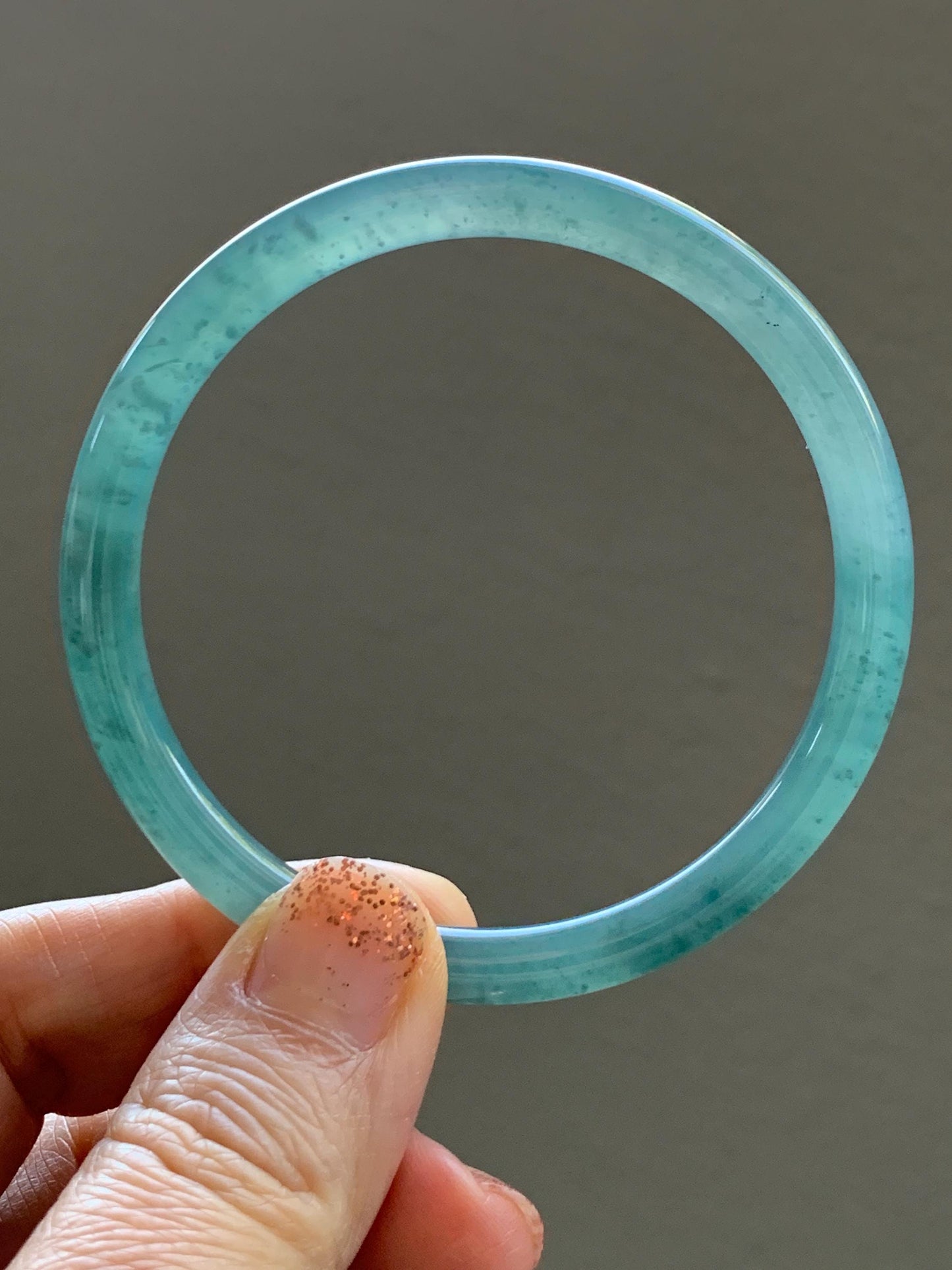 Certified Natural Grade A Guatemalan Icy Translucent Dusty Teal Green Jade Jadeite Slim Bangle Bracelet 56mm 6.92” 天然冰危晴蓝翡翠细圆条手镯 452