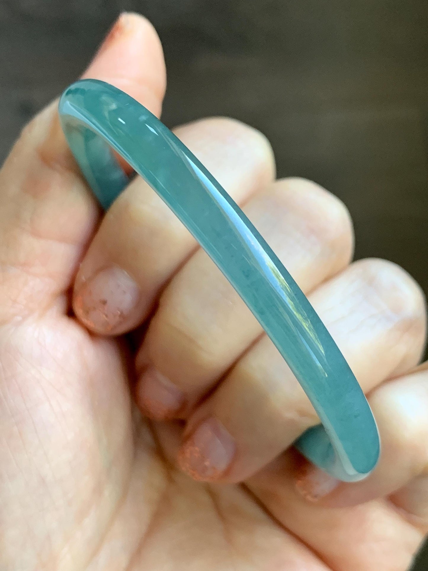 Certified Natural Grade A Guatemalan Icy Translucent Dusty Teal Green Jade Jadeite Slim Bangle Bracelet 56mm 6.92” 天然冰危晴蓝翡翠细圆条手镯 452
