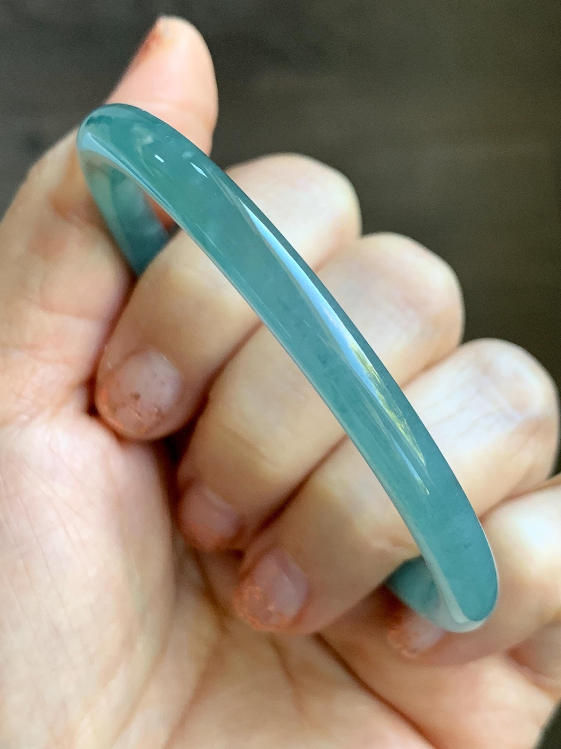 Certified Natural Grade A Guatemalan Icy Translucent Dusty Teal Green Jade Jadeite Slim Bangle Bracelet 56mm 6.92” 天然冰危晴蓝翡翠细圆条手镯 452