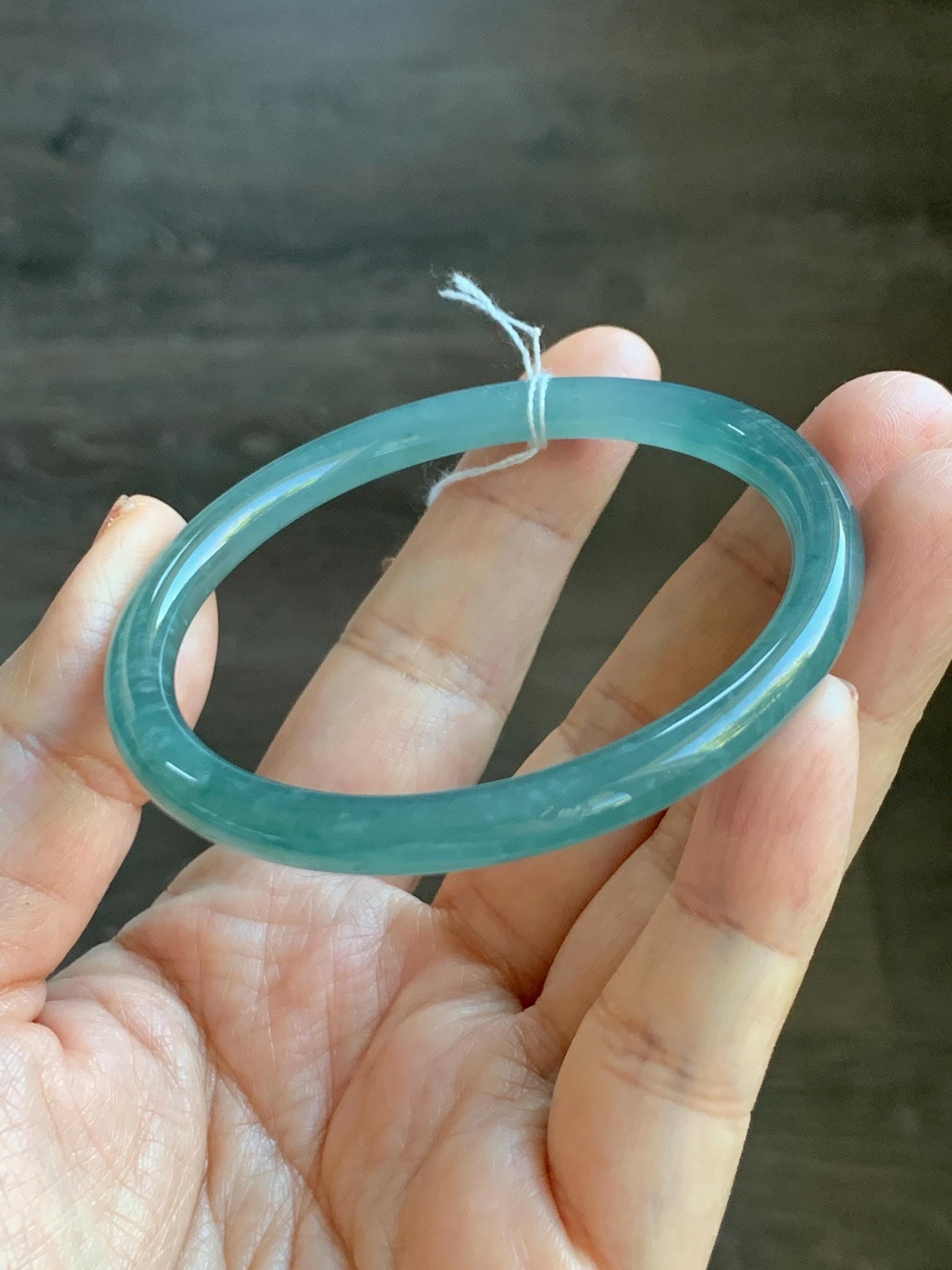 Certified Natural Grade A Guatemalan Icy Translucent Dusty Teal Green Jade Jadeite Slim Bangle Bracelet 56mm 6.92” 天然冰危晴蓝翡翠细圆条手镯 452