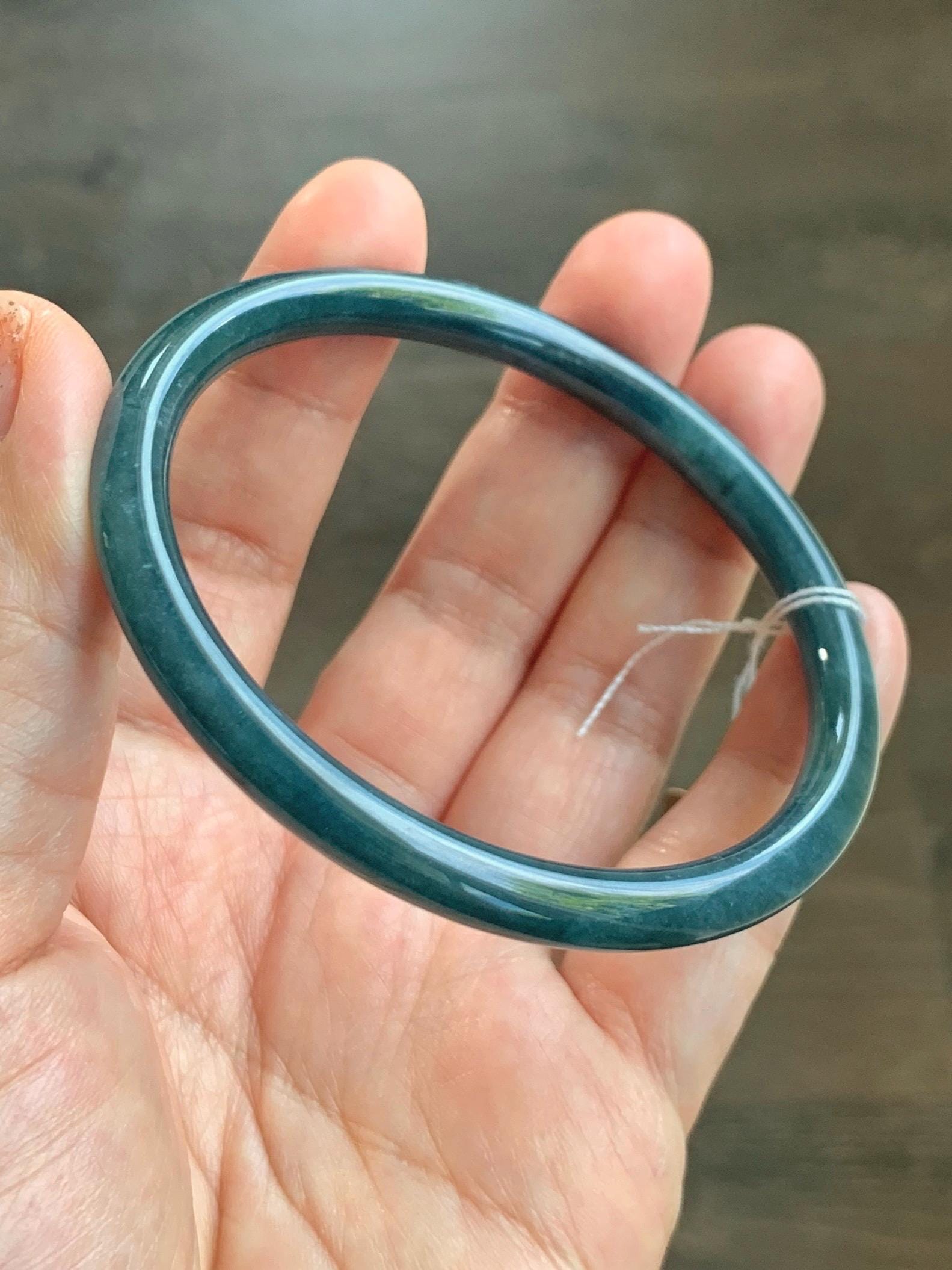 Certified Natural Grade A Guatemalan Icy Translucent Dark Aegean Blue Jade Jadeite Bangle Bracelet 59.69mm 7.37” 21g 天然危深牛仔蓝翡翠细圆条手镯 464