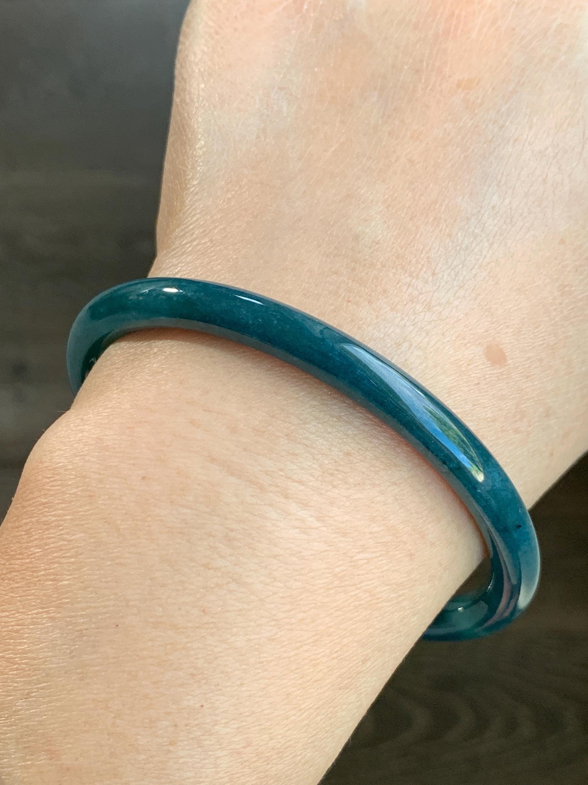 Certified Natural Grade A Guatemalan Icy Translucent Dark Aegean Blue Jade Jadeite Bangle Bracelet 59.69mm 7.37” 21g 天然危深牛仔蓝翡翠细圆条手镯 464