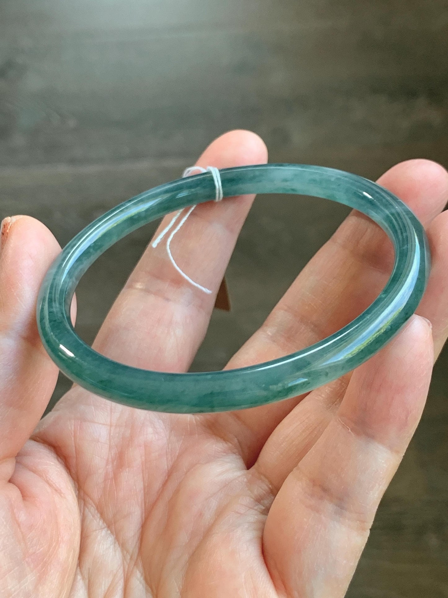 Certified Natural Grade A Guatemalan Icy Translucent Teal Green Marbled Jade Jadeite Bangle 58.96mm 7.29” 天然冰胶危蓝飘花翡翠细圆条手镯 458