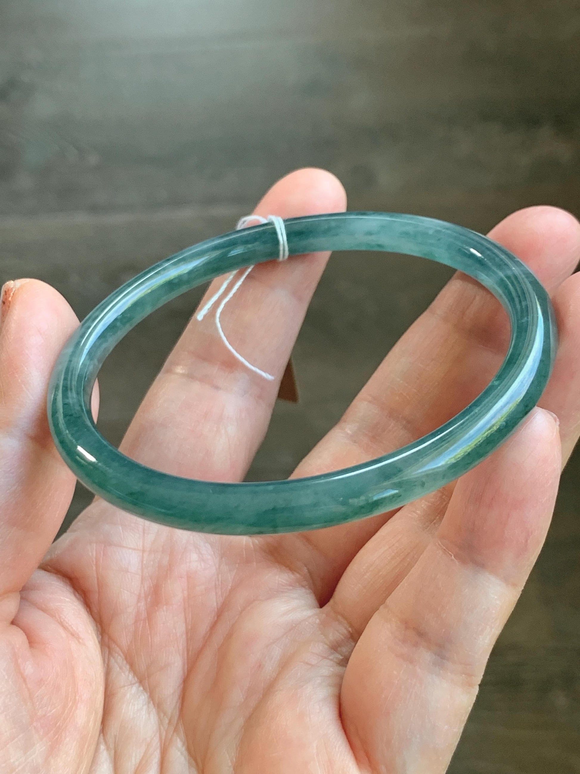 Certified Natural Grade A Guatemalan Icy Translucent Teal Green Marbled Jade Jadeite Bangle 58.96mm 7.29” 天然冰胶危蓝飘花翡翠细圆条手镯 458