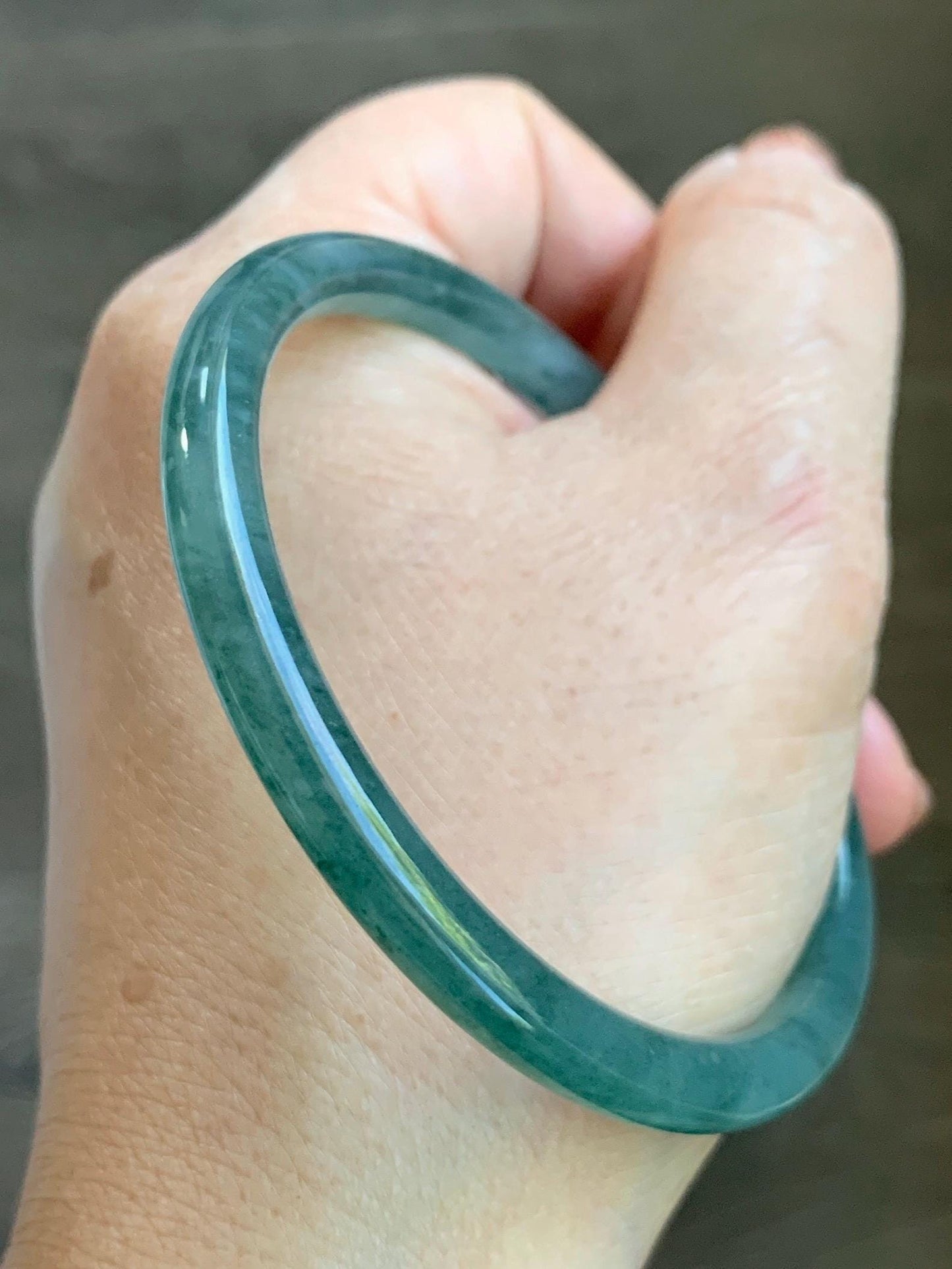 Certified Natural Grade A Guatemalan Icy Translucent Teal Green Marbled Jade Jadeite Bangle 58.96mm 7.29” 天然冰胶危蓝飘花翡翠细圆条手镯 458
