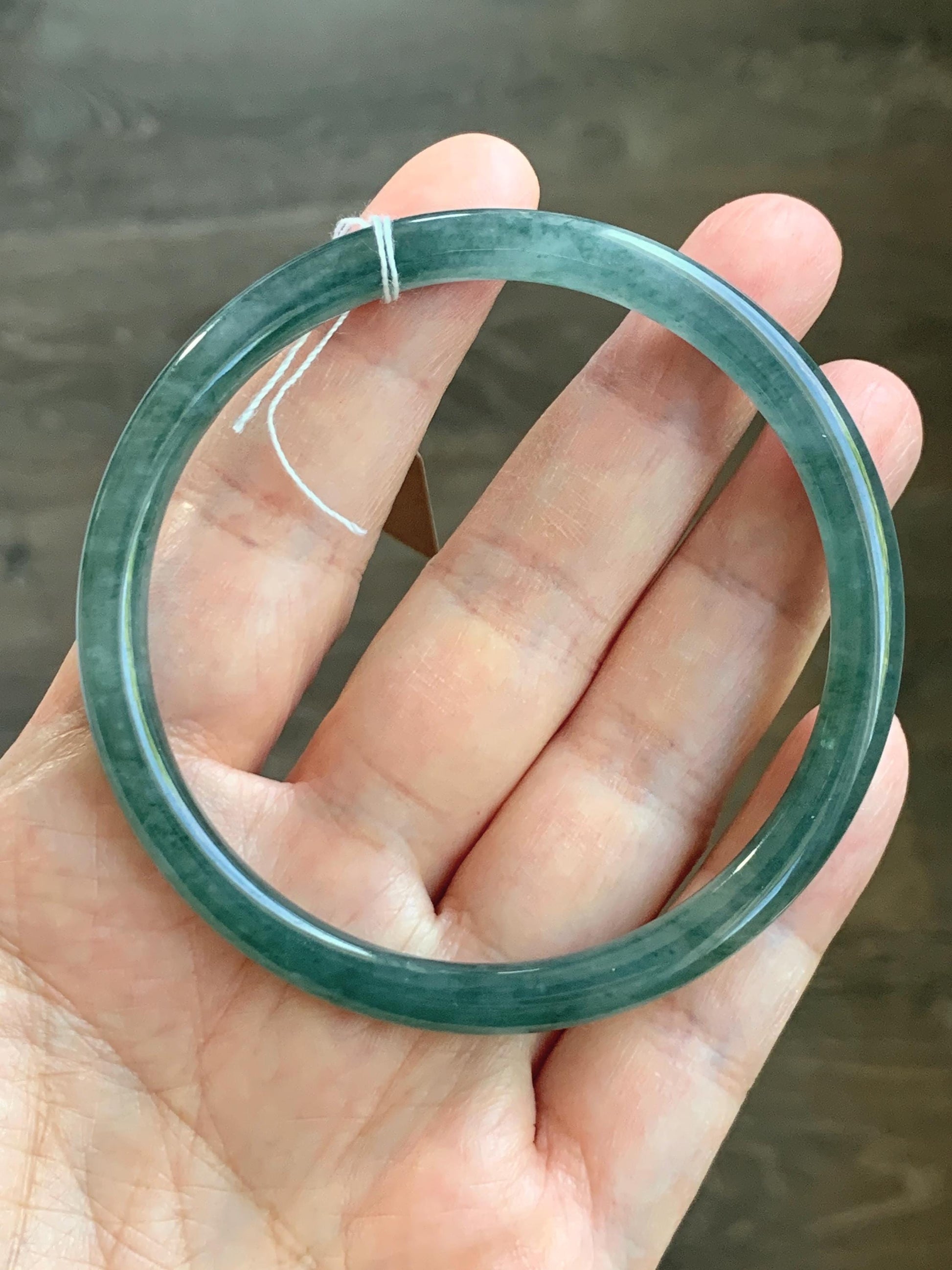 Certified Natural Grade A Guatemalan Icy Translucent Teal Green Marbled Jade Jadeite Bangle 58.96mm 7.29” 天然冰胶危蓝飘花翡翠细圆条手镯 458