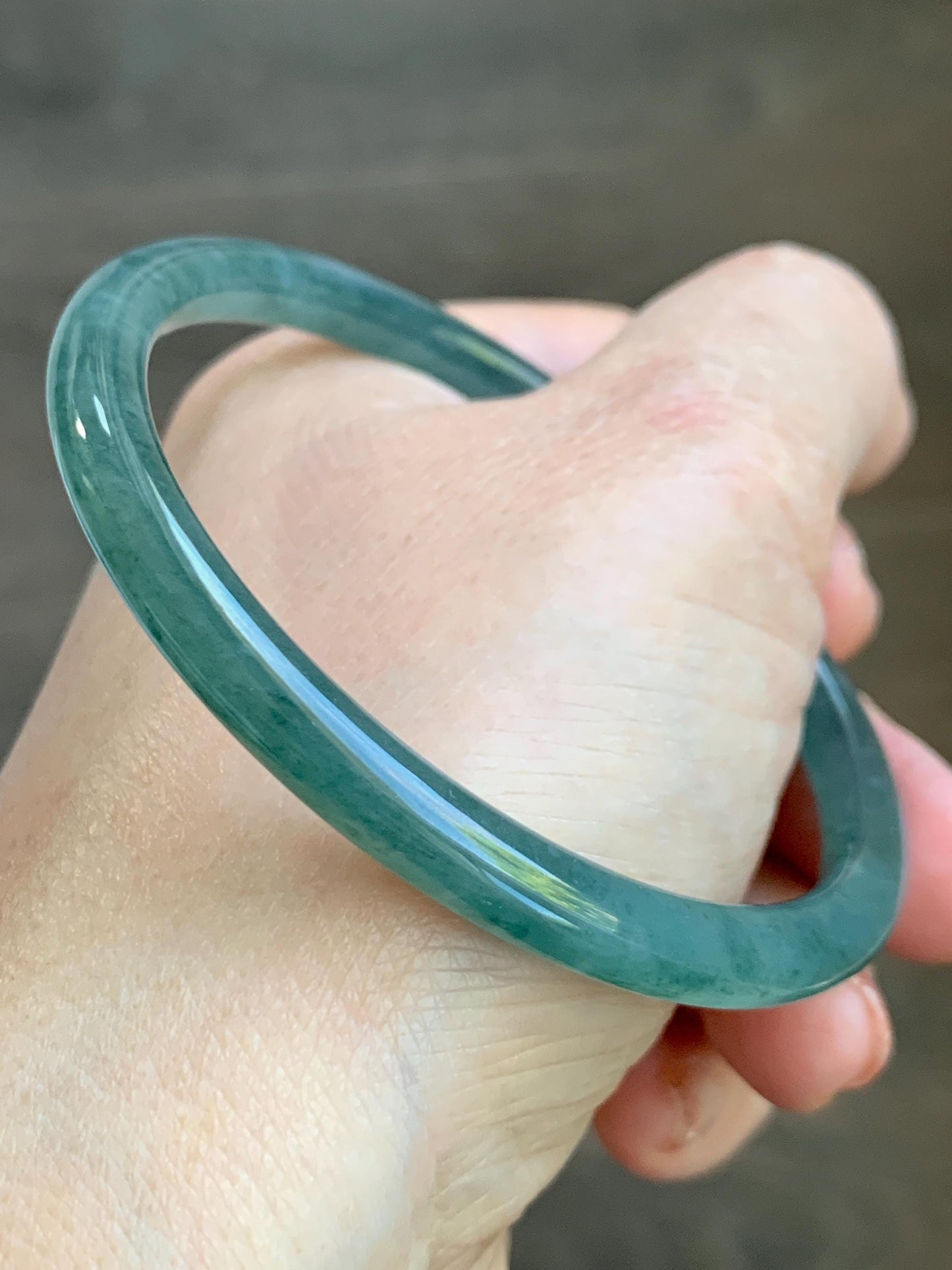 Certified Natural Grade A Guatemalan Icy Translucent Teal Green Marbled Jade Jadeite Bangle 58.96mm 7.29” 天然冰胶危蓝飘花翡翠细圆条手镯 458
