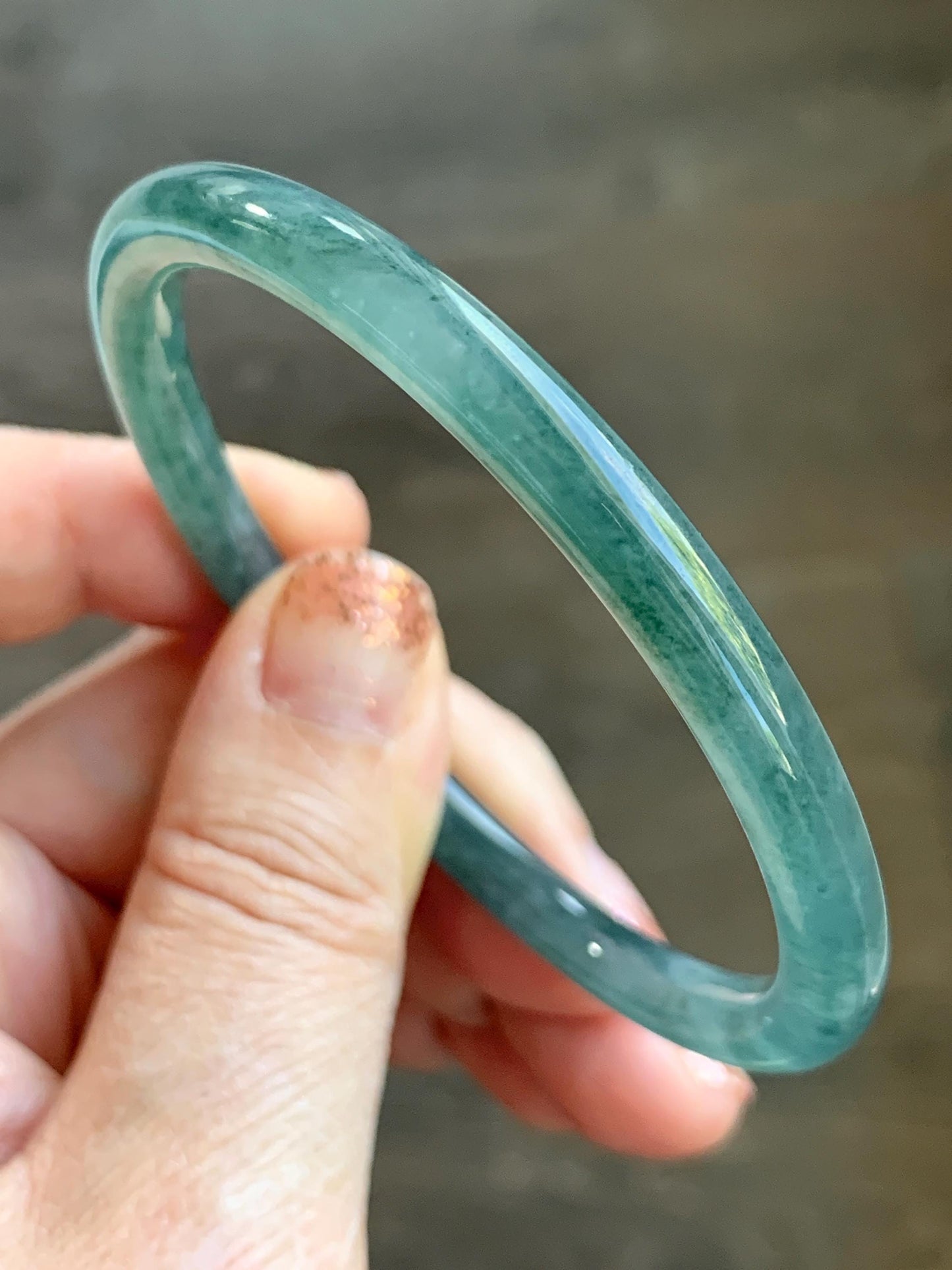 Certified Natural Grade A Guatemalan Icy Translucent Teal Green Marbled Jade Jadeite Bangle 58.96mm 7.29” 天然冰胶危蓝飘花翡翠细圆条手镯 458