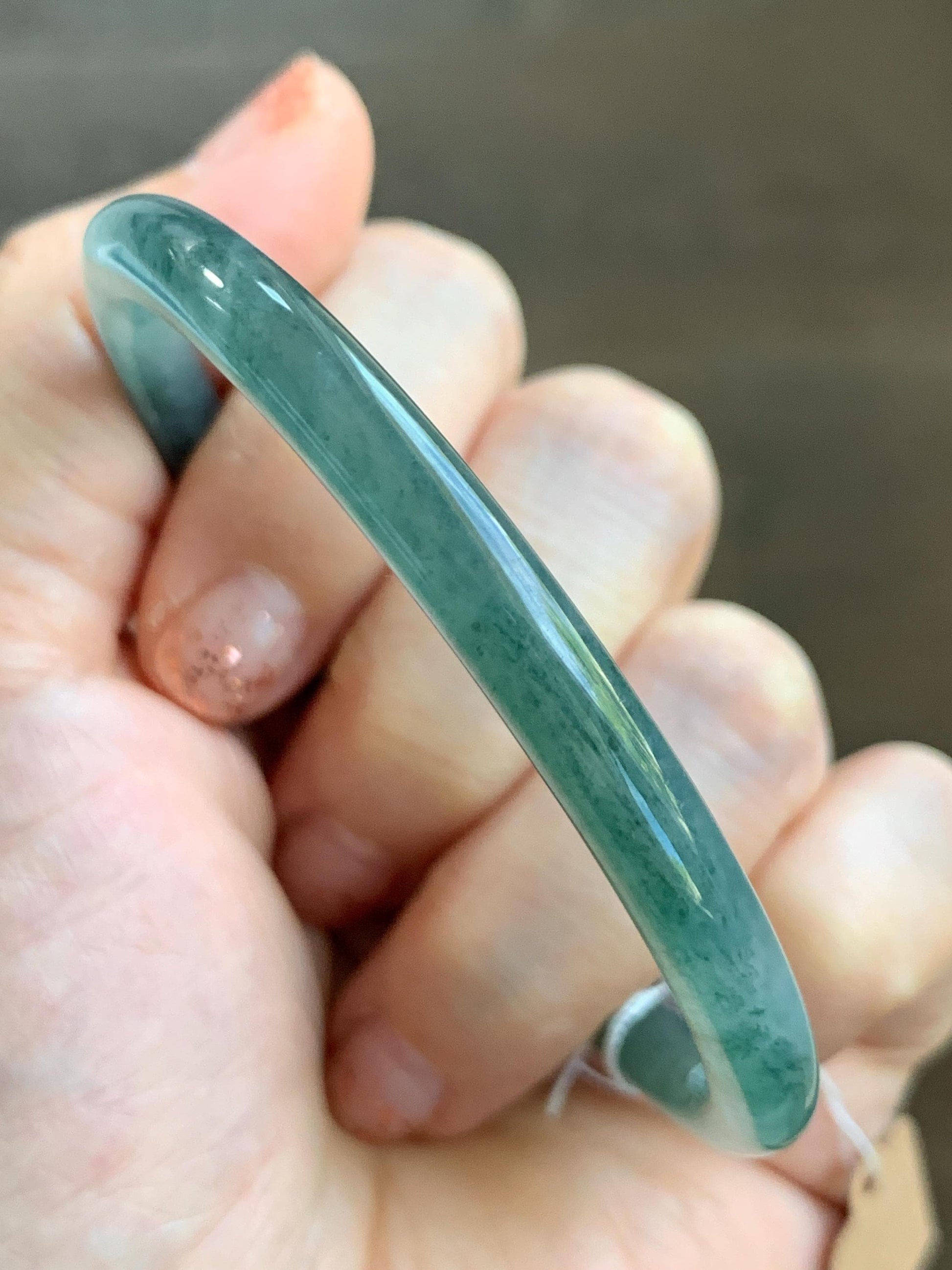 Certified Natural Grade A Guatemalan Icy Translucent Teal Green Marbled Jade Jadeite Bangle 58.96mm 7.29” 天然冰胶危蓝飘花翡翠细圆条手镯 458