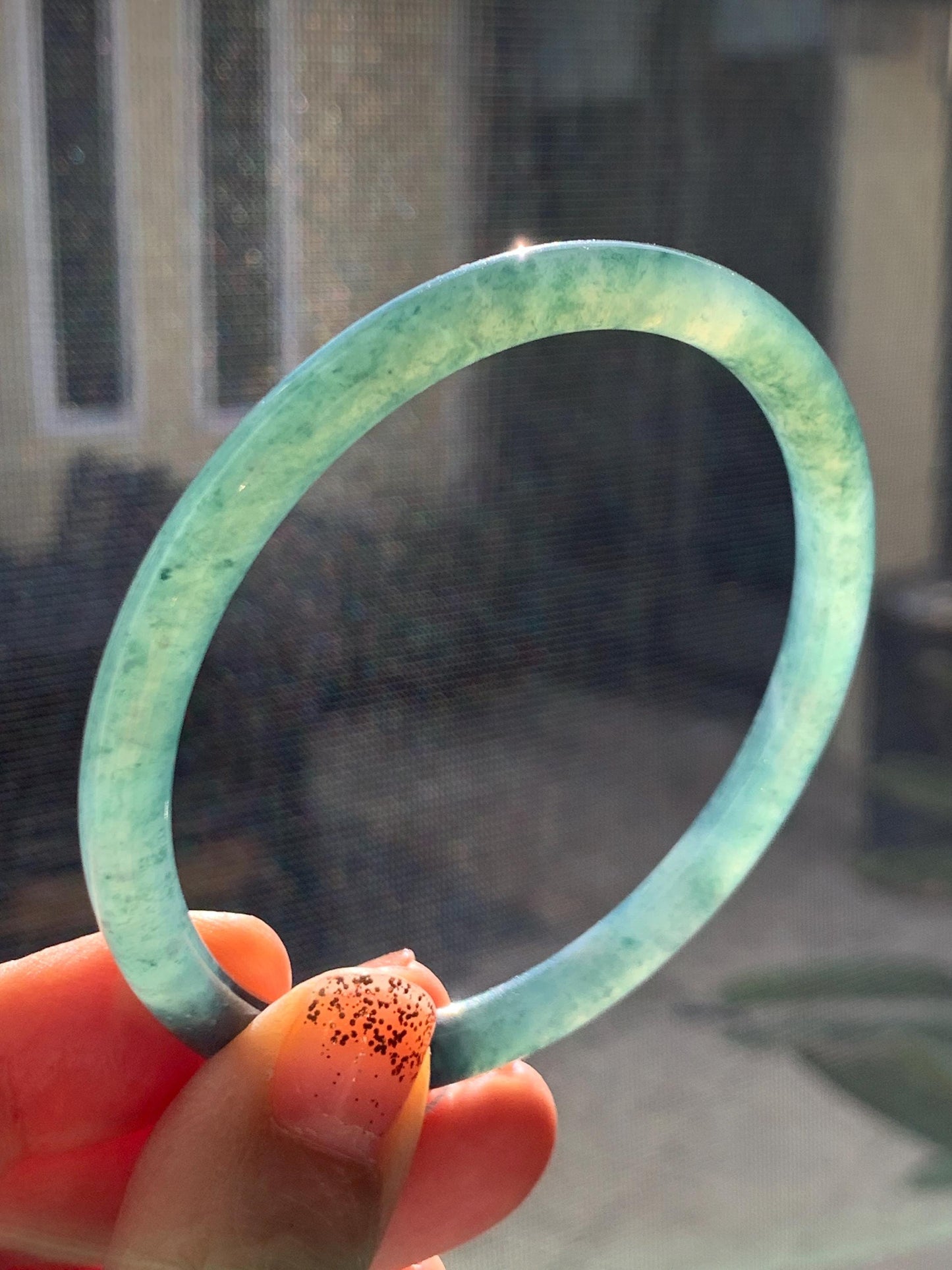 Certified Natural Grade A Guatemalan Icy Translucent Teal Green Marbled Jade Jadeite Bangle 58.96mm 7.29” 天然冰胶危蓝飘花翡翠细圆条手镯 458