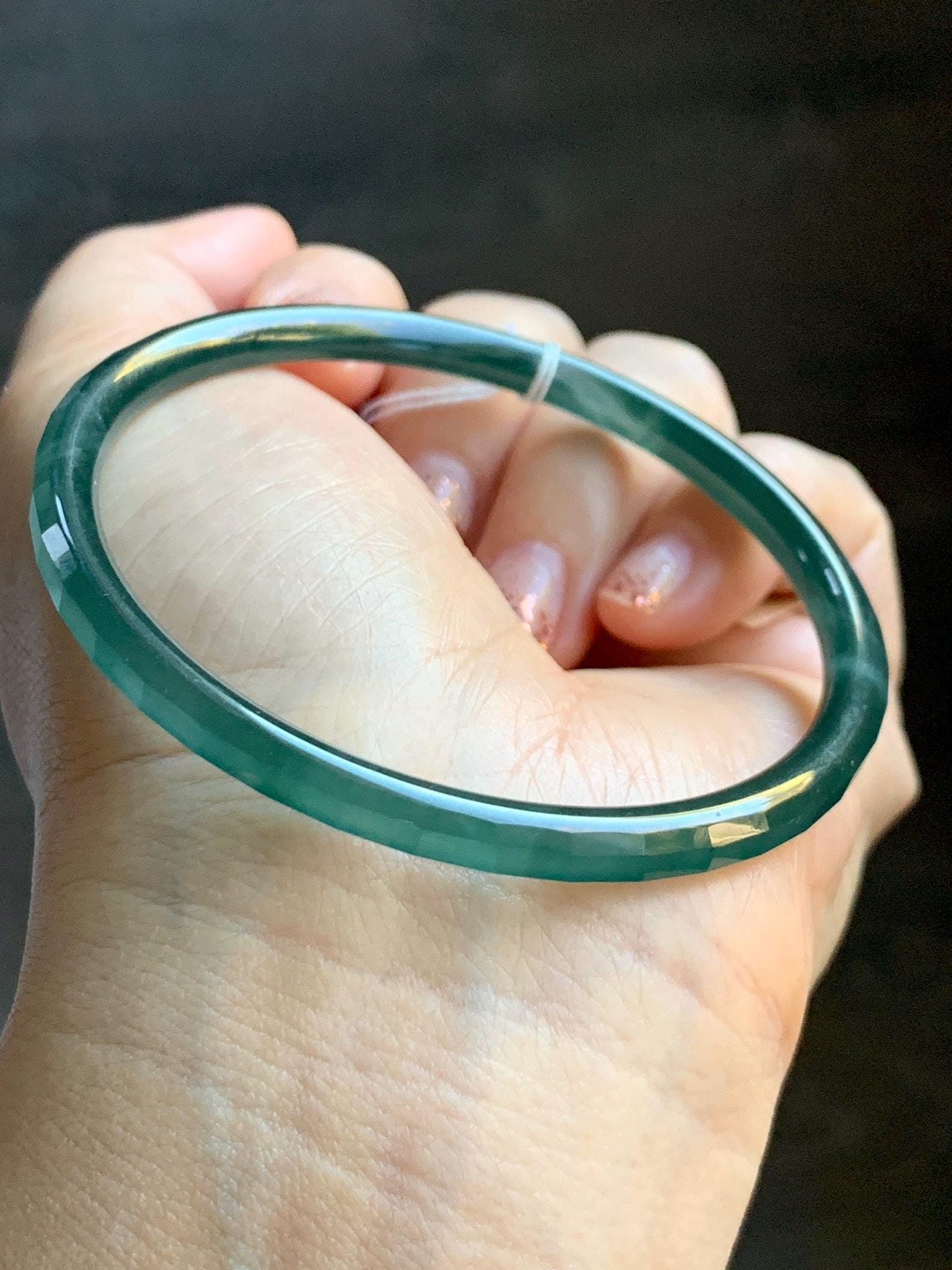 Certified Natural Grade A Guatemalan Icy Highly Translucent Dark Teal Green Faceted Jadeite Slim Bangle 59.95mm 7.4” 天然冰胶危深蓝绿翡翠细圆条切割面手镯 466