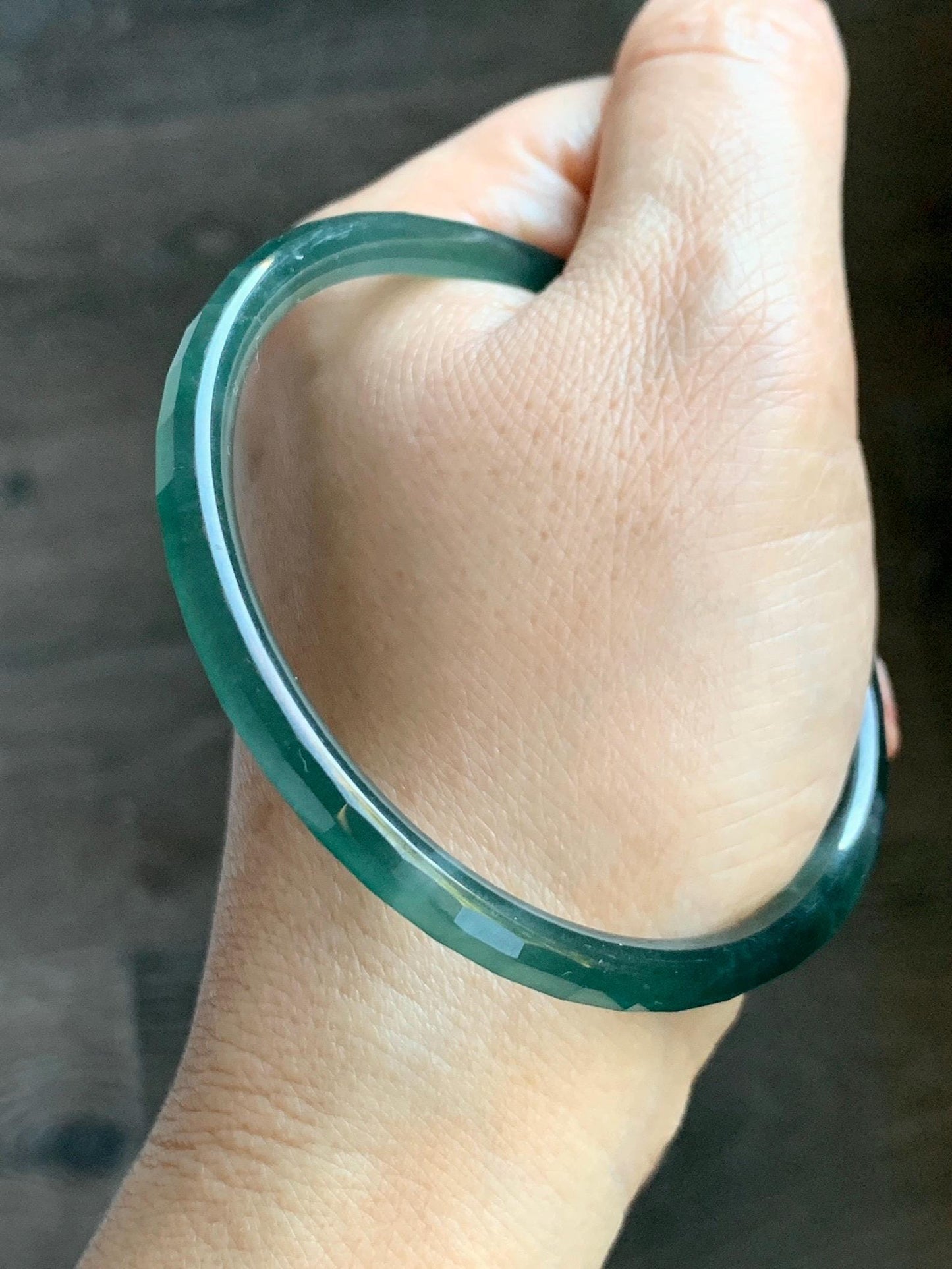 Certified Natural Grade A Guatemalan Icy Highly Translucent Dark Teal Green Faceted Jadeite Slim Bangle 59.95mm 7.4” 天然冰胶危深蓝绿翡翠细圆条切割面手镯 466