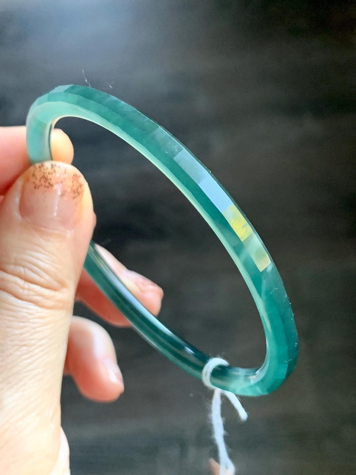 Certified Natural Grade A Guatemalan Icy Highly Translucent Dark Teal Green Faceted Jadeite Slim Bangle 59.95mm 7.4” 天然冰胶危深蓝绿翡翠细圆条切割面手镯 466
