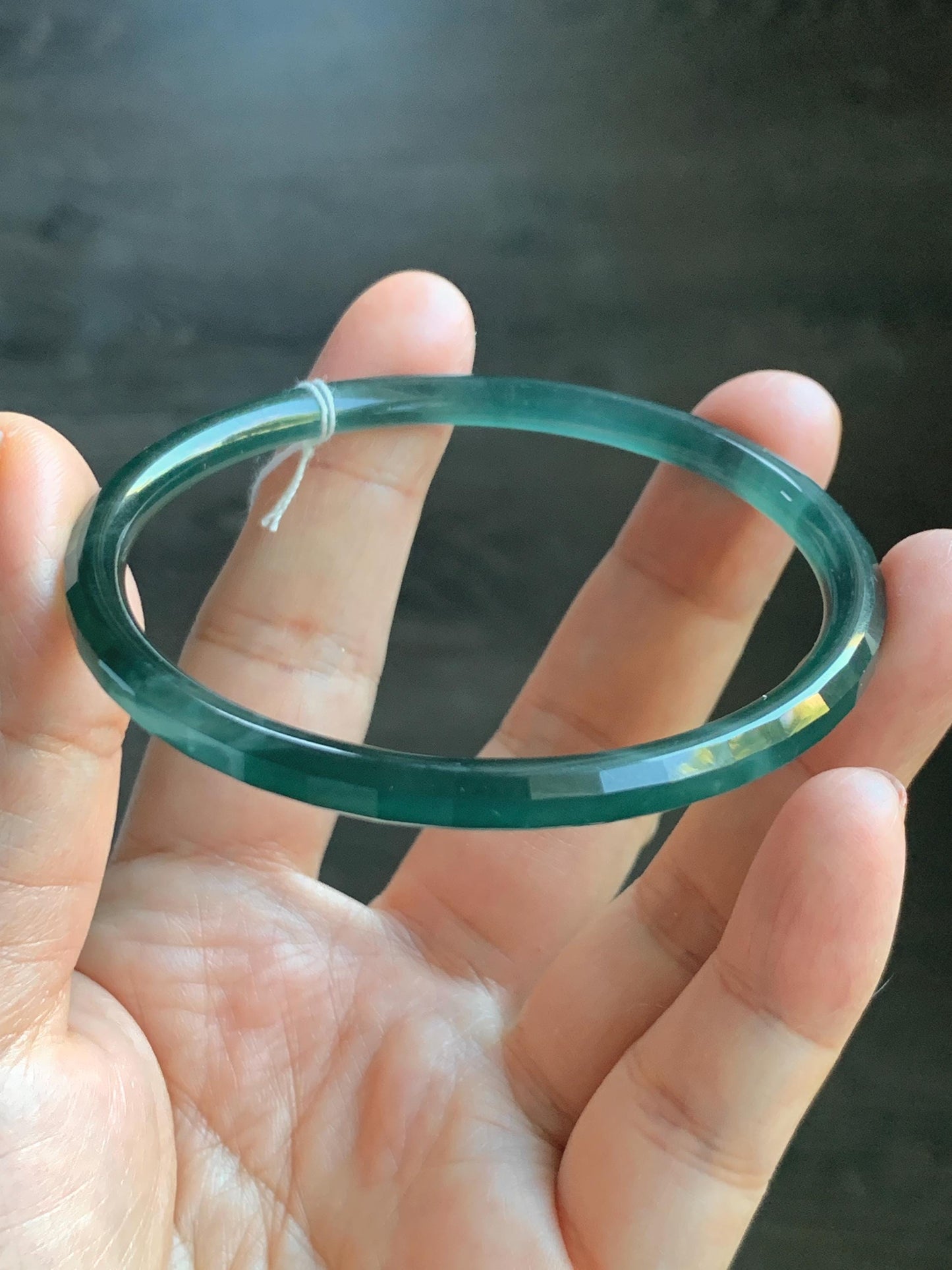 Certified Natural Grade A Guatemalan Icy Highly Translucent Dark Teal Green Faceted Jadeite Slim Bangle 59.95mm 7.4” 天然冰胶危深蓝绿翡翠细圆条切割面手镯 466