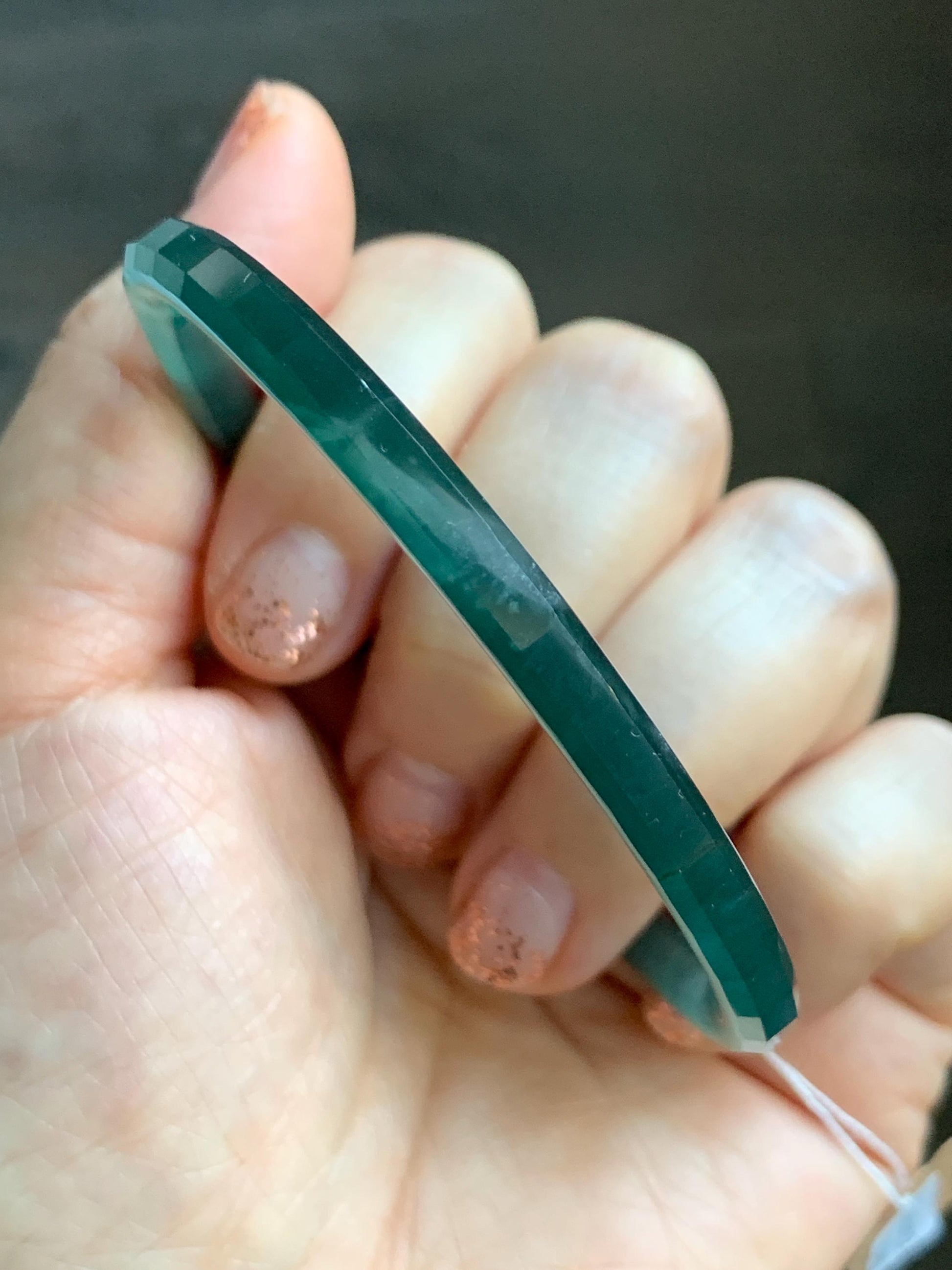 Certified Natural Grade A Guatemalan Icy Highly Translucent Dark Teal Green Faceted Jadeite Slim Bangle 59.95mm 7.4” 天然冰胶危深蓝绿翡翠细圆条切割面手镯 466