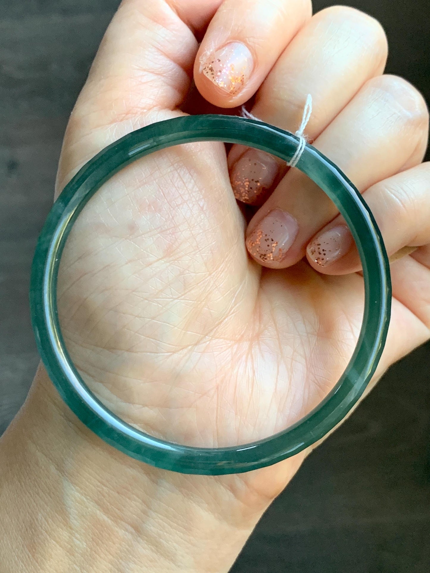 Certified Natural Grade A Guatemalan Icy Highly Translucent Dark Teal Green Faceted Jadeite Slim Bangle 59.95mm 7.4” 天然冰胶危深蓝绿翡翠细圆条切割面手镯 466