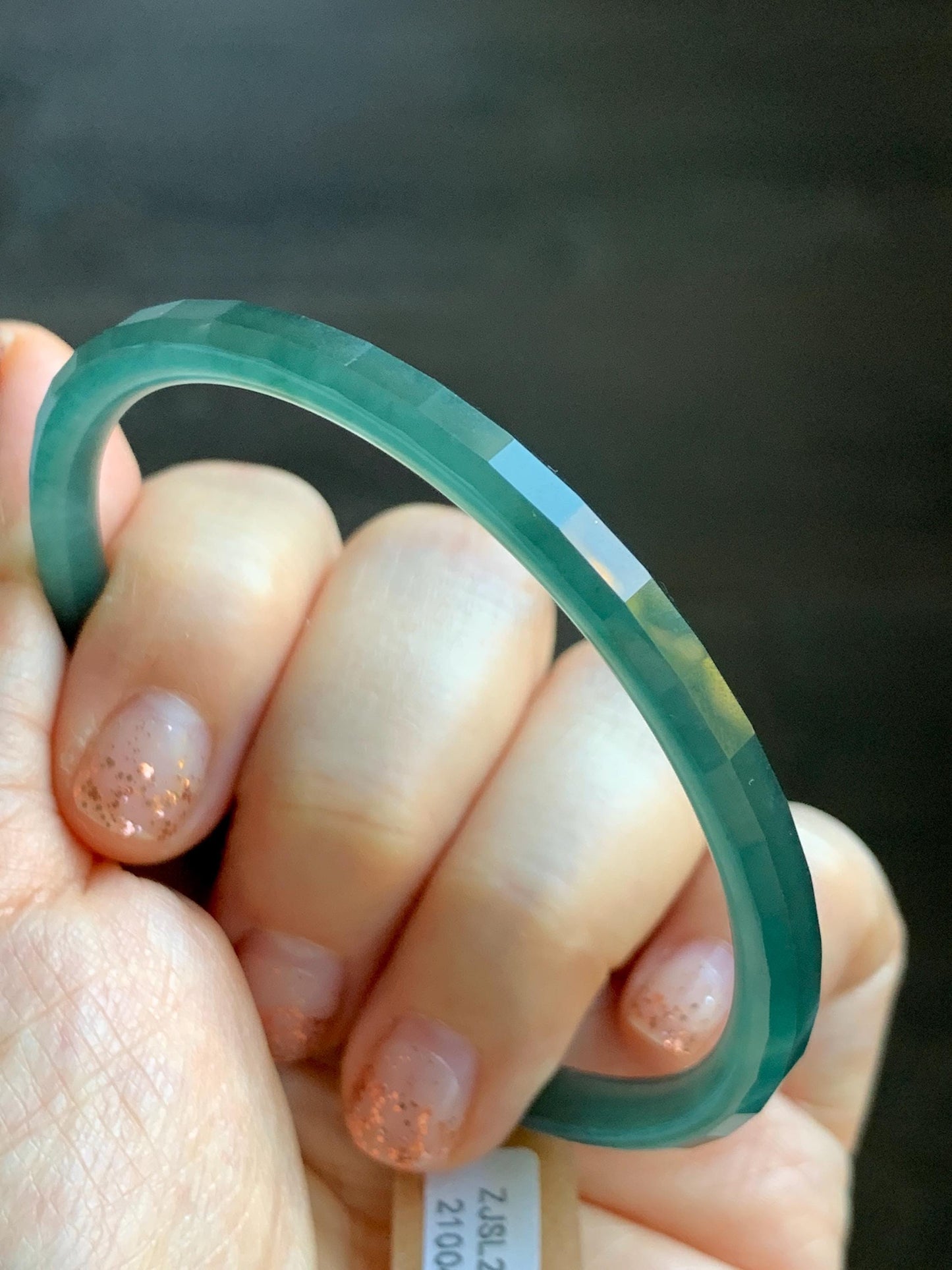 Certified Natural Grade A Guatemalan Icy Highly Translucent Dark Teal Green Faceted Jadeite Slim Bangle 59.95mm 7.4” 天然冰胶危深蓝绿翡翠细圆条切割面手镯 466