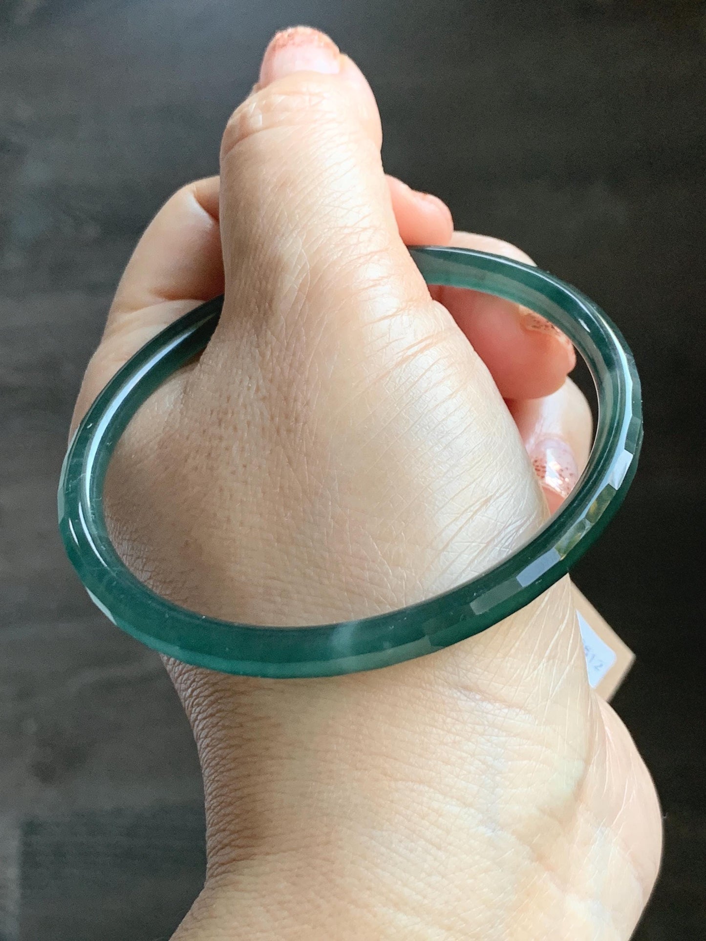 Certified Natural Grade A Guatemalan Icy Highly Translucent Dark Teal Green Faceted Jadeite Slim Bangle 59.95mm 7.4” 天然冰胶危深蓝绿翡翠细圆条切割面手镯 466