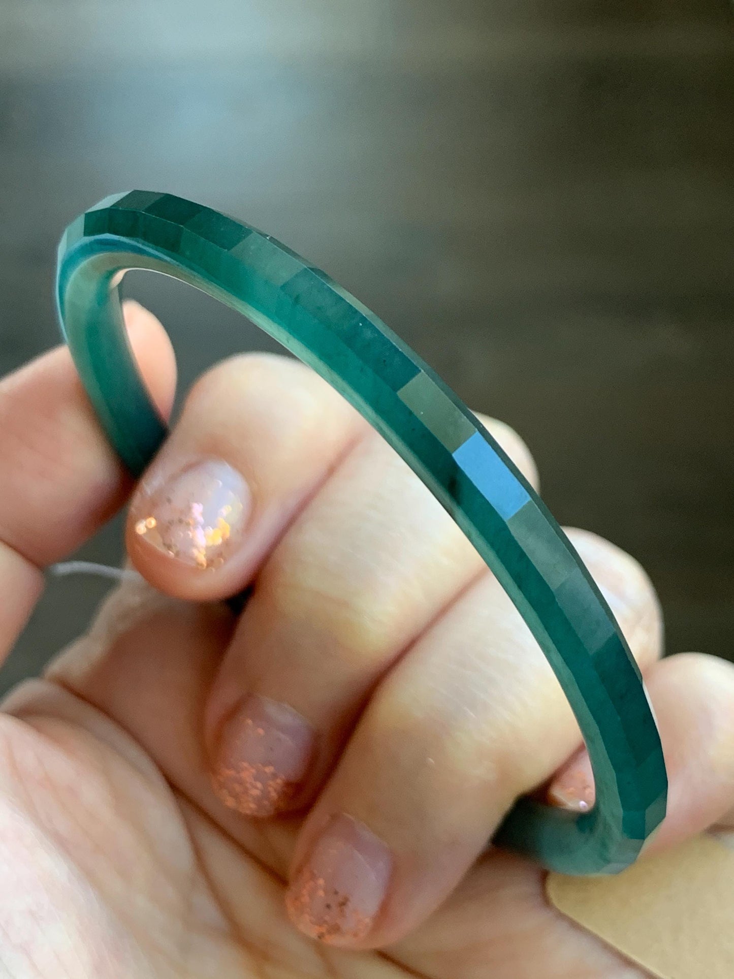 Certified Natural Grade A Guatemalan Icy Highly Translucent Deep Teal Green Faceted Jadeite Slim Bangle 57.56mm 7.11” 天然冰胶危深蓝绿翡翠细圆条切割面手镯 465
