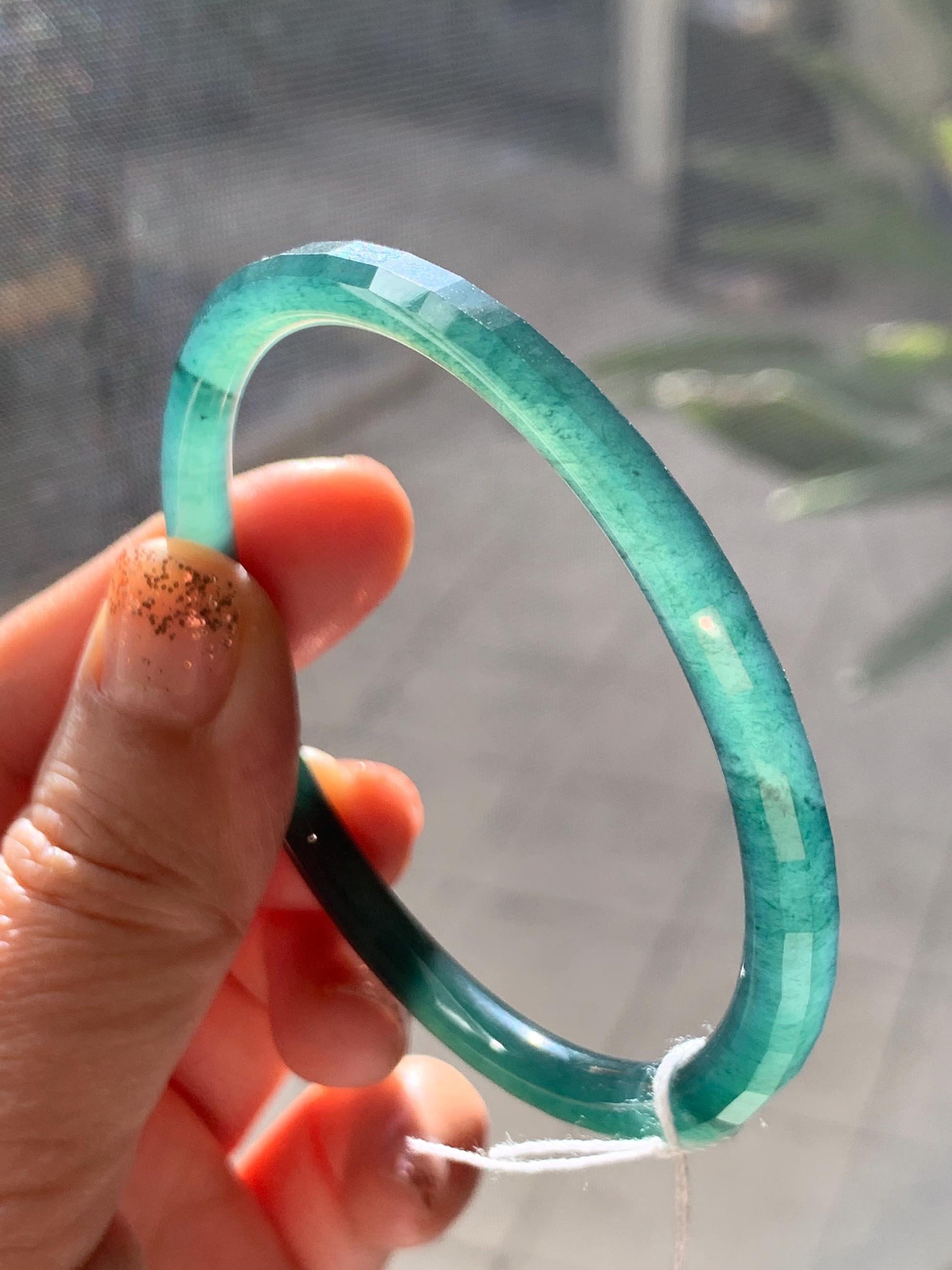 Certified Natural Grade A Guatemalan Icy Highly Translucent Deep Teal Green Faceted Jadeite Slim Bangle 57.56mm 7.11” 天然冰胶危深蓝绿翡翠细圆条切割面手镯 465