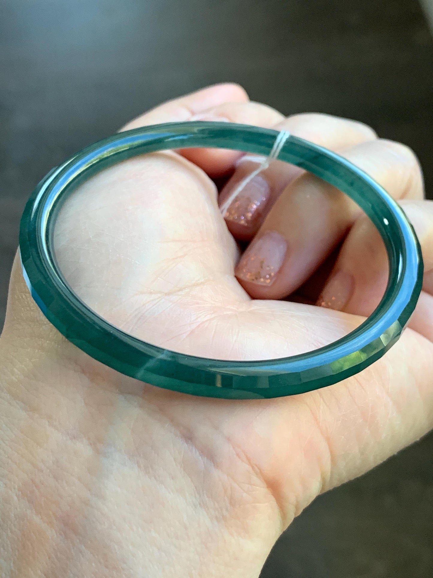 Certified Natural Grade A Guatemalan Icy Highly Translucent Deep Teal Green Faceted Jadeite Slim Bangle 57.56mm 7.11” 天然冰胶危深蓝绿翡翠细圆条切割面手镯 465