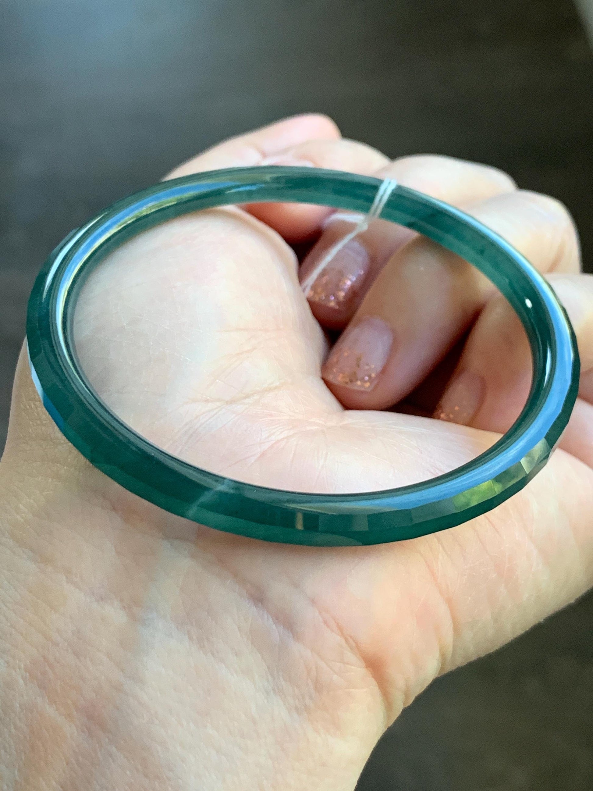 Certified Natural Grade A Guatemalan Icy Highly Translucent Deep Teal Green Faceted Jadeite Slim Bangle 57.56mm 7.11” 天然冰胶危深蓝绿翡翠细圆条切割面手镯 465